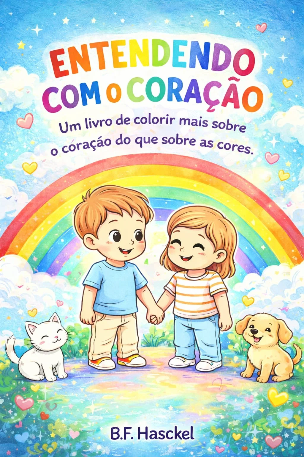 Capa de livro infantil com dois crianças segurando as mãos, um cachorro e um gato ao lado deles, arco-íris e céu com nuvens, estrelas, corações e confetes coloridos ao fundo.