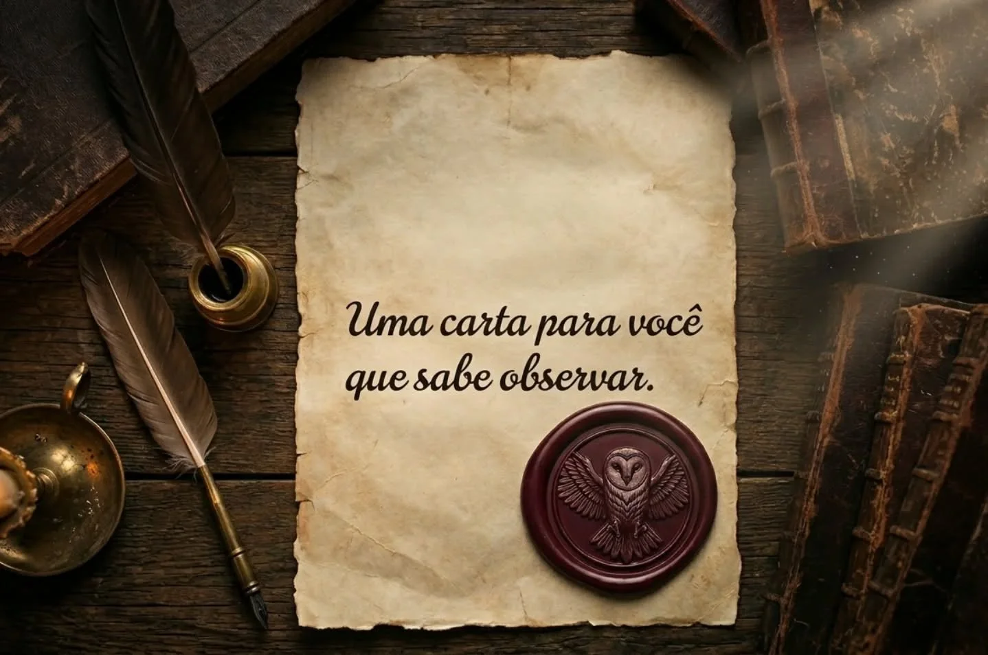 Ela chegou sem aviso, selada com o sil&ecirc;ncio. 🦉📖
Nem tudo o que est&aacute; escrito &eacute; para ser apenas lido. Algumas mensagens exigem olhos que enxergam atrav&eacute;s das entrelinhas. O jogo come&ccedil;ou, e as pe&ccedil;as j&aacute; e