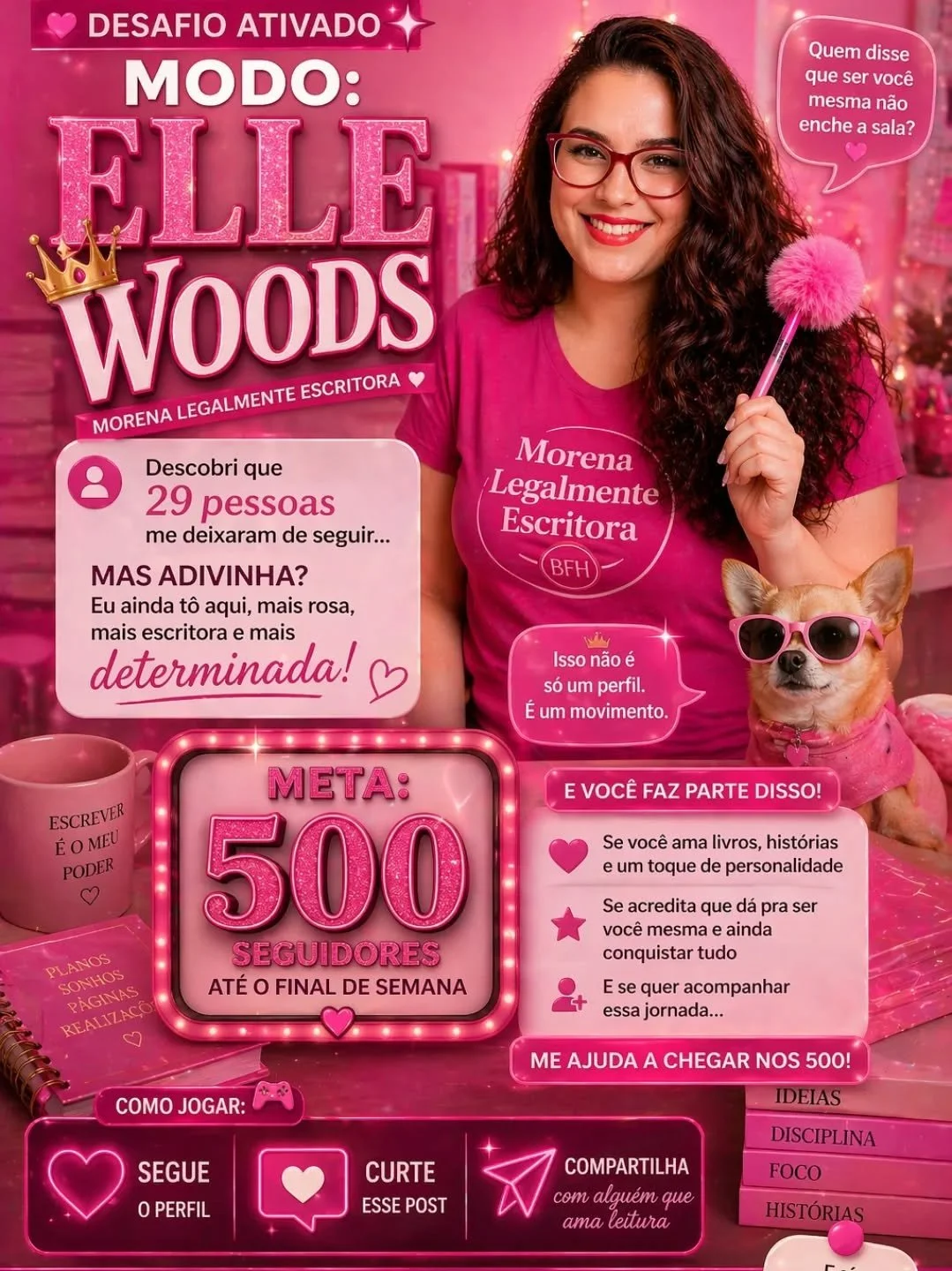 🚨 DESAFIO ATIVADO 🚨
✨ Modo: Morena Legalmente Escritora ✨

Ok, vamos falar s&eacute;rio (ou quase 😏):
descobri que 29 pessoas sa&iacute;ram&hellip;

MAS adivinha?
Eu ainda t&ocirc; aqui, mais rosa, mais escritora e mais determinada 💖📚

Ent&atild