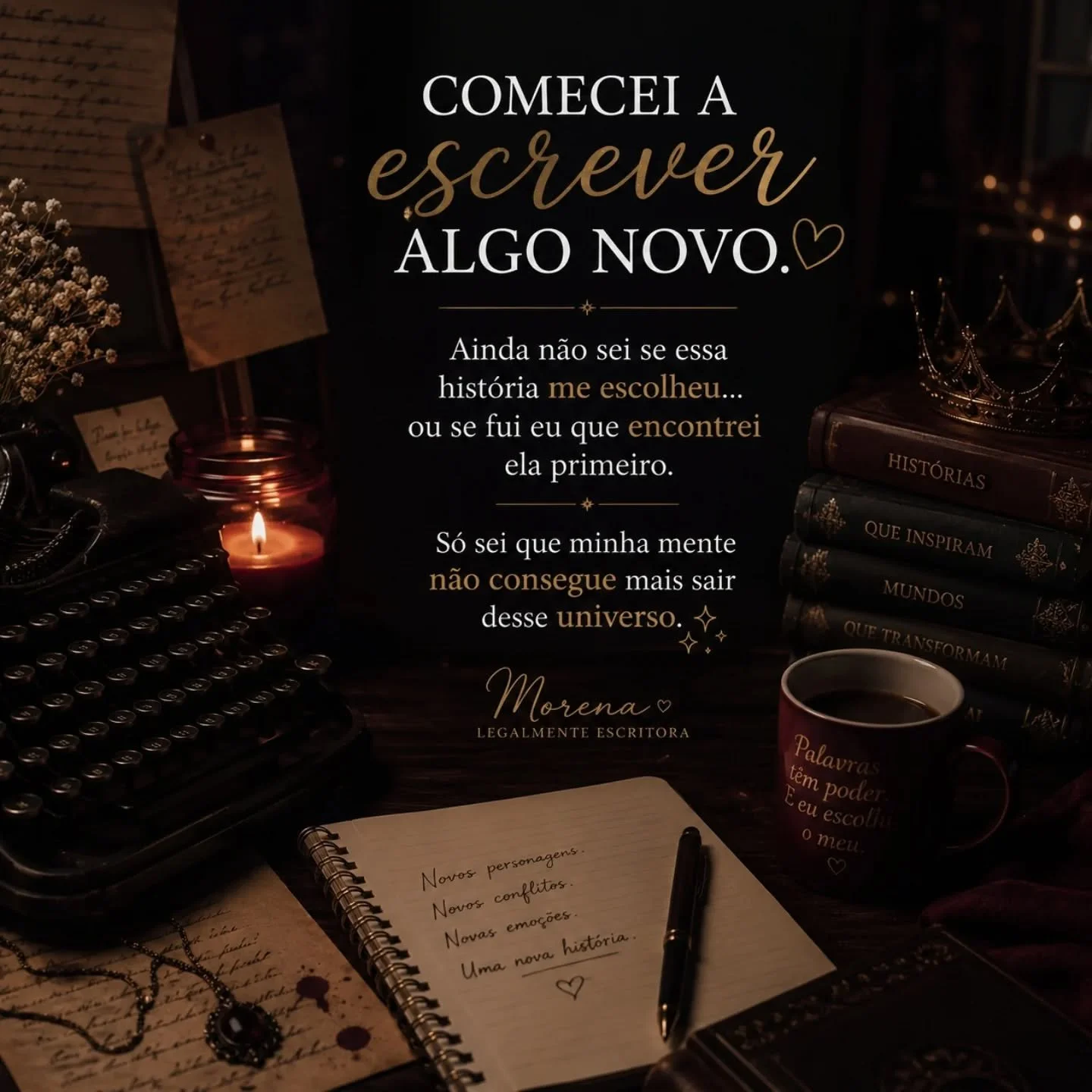 Comecei a escrever algo novo.

Ainda n&atilde;o sei se essa hist&oacute;ria me escolheu&hellip;
ou se fui eu que encontrei ela primeiro. 👀📖✨

S&oacute; sei que minha mente n&atilde;o consegue mais sair desse universo.