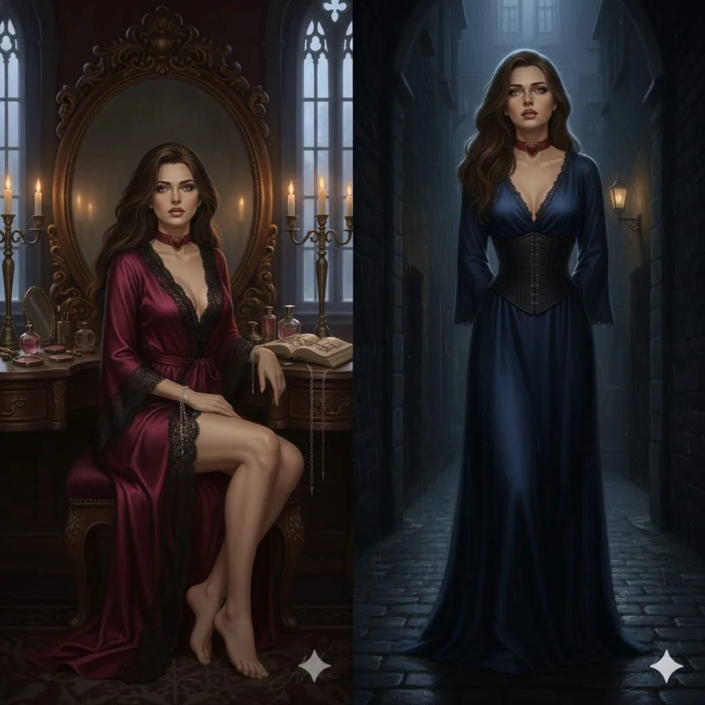 ilustração de uma mulher com cabelo castanho escuro, vestindo um vestido de seda vermelho com detalhes pretos, sentado em uma penteadeira com espelho antigo, em um ambiente clássico e elegante, com candelabros e perfumes ao redor