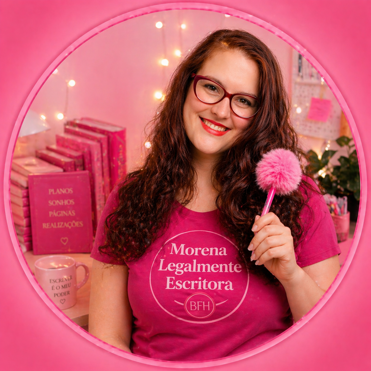 Mulher com cabelo cacheado e óculos vermelhos posando com sorriso na frente de uma parede rosa, segurando um pincel de tinta rosa. Ela veste uma camiseta rosa com escrito 'Morena Legalmente Escriba'.