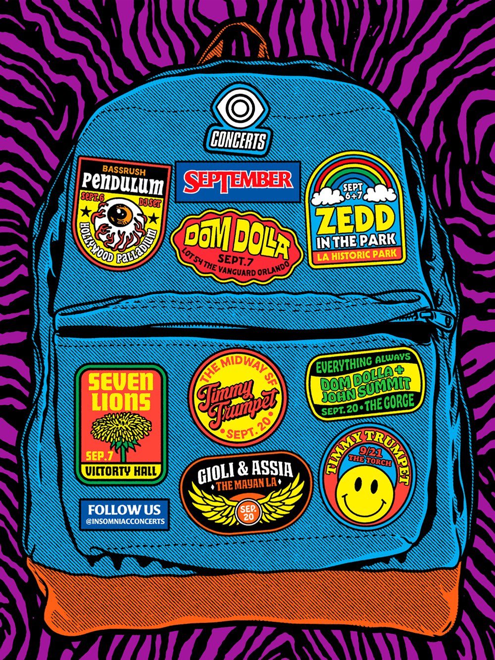 Illustration of a blue backpack with various colorful concert stickers on it, set against a purple zebra-striped background.