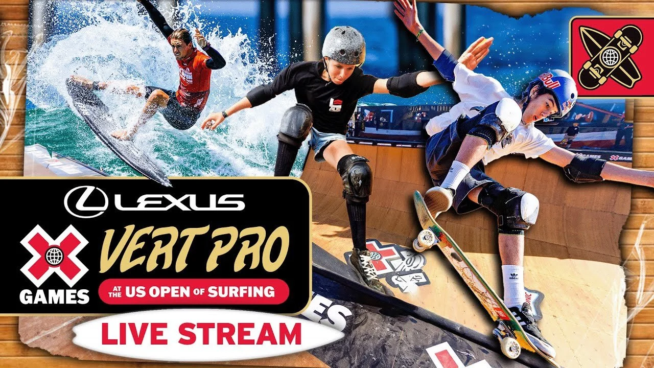 Skateboarders competing in a skatepark during the Lexus X Games at the US Open of Surfing, with a live stream banner.