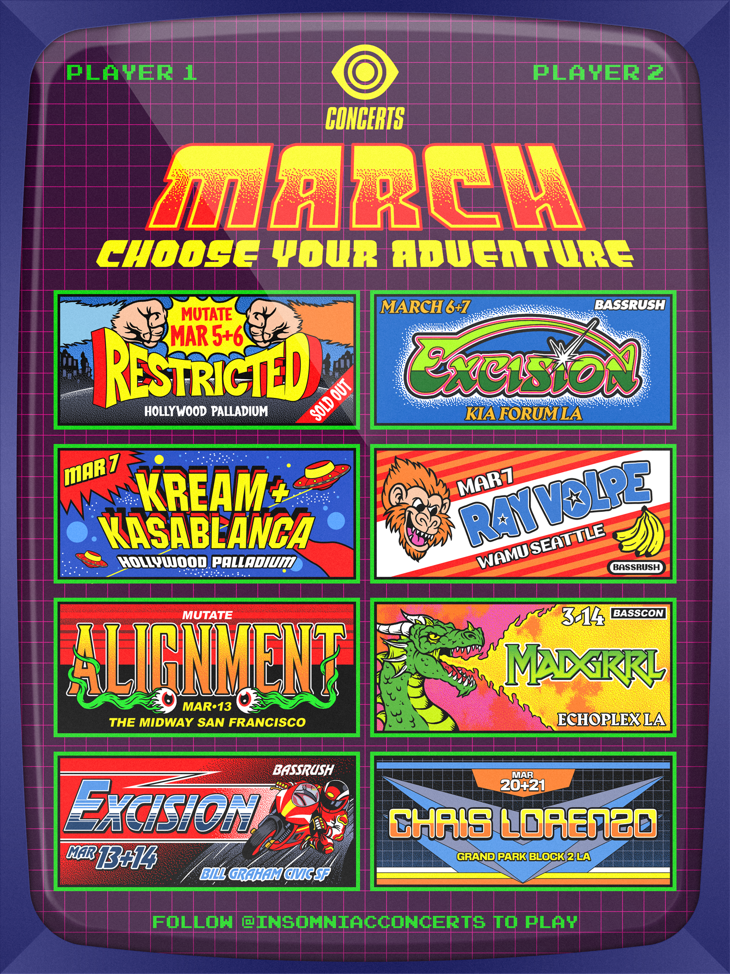 A colorful, retro-style digital poster advertising various concert events for March and April, with event titles, dates, and locations displayed in bold, vibrant graphics on a grid-patterned background.