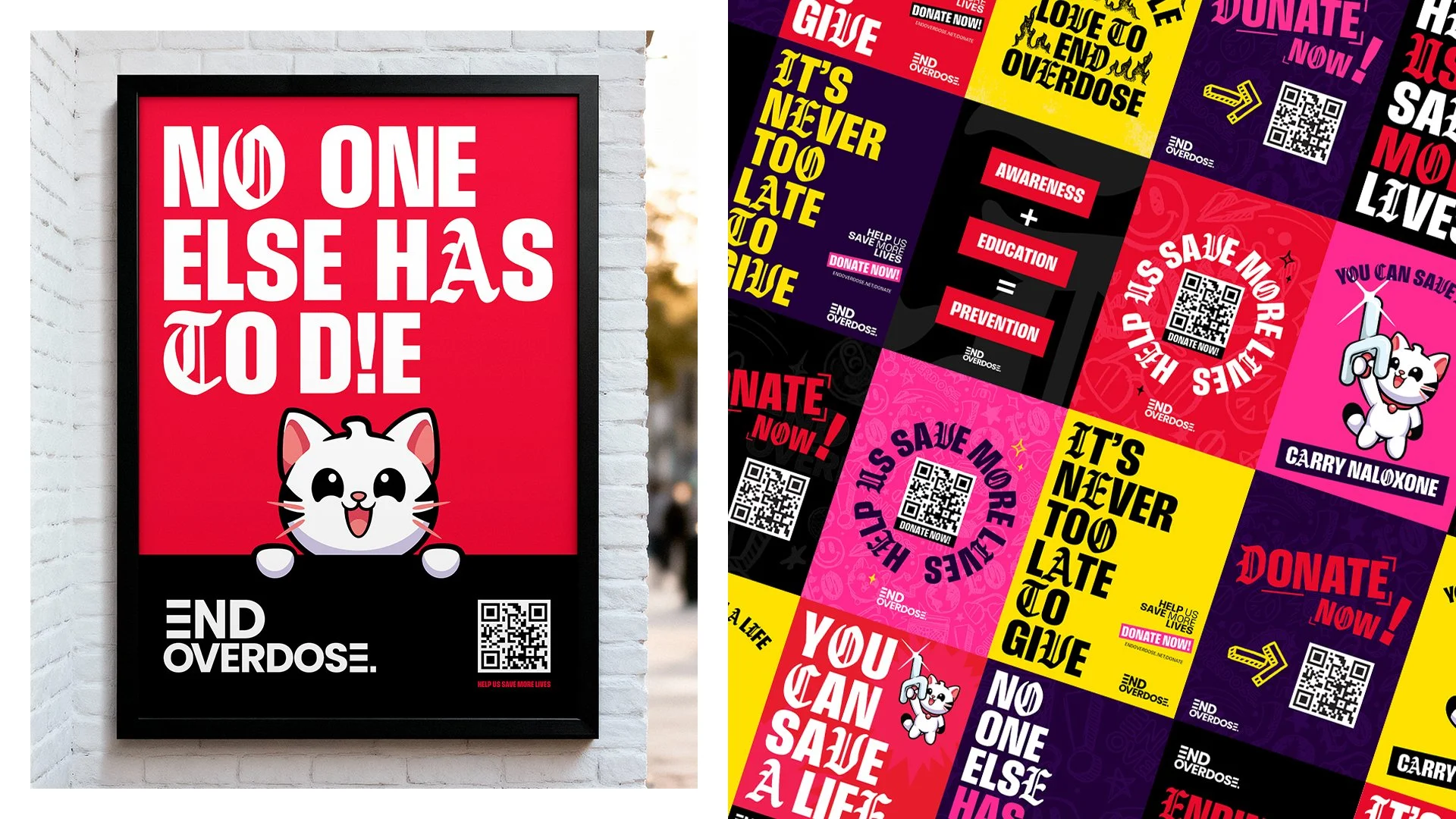 Poster with a red background and white text that says, 'NO ONE ELSE HAS TO DIE,' featuring a cartoon white cat with big eyes and a pink tongue. The bottom of the poster has the words 'END OVERDOSE' and a QR code.