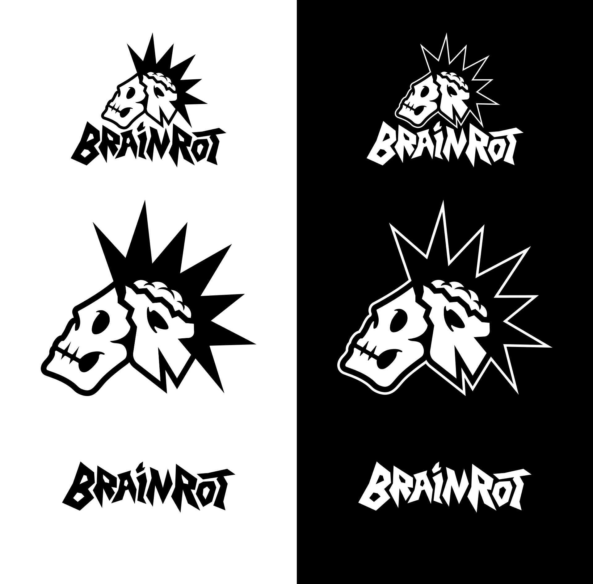 A black and white graphic with a skull and spiky design, featuring the word 'BRAINROT' in bold, stylized text.