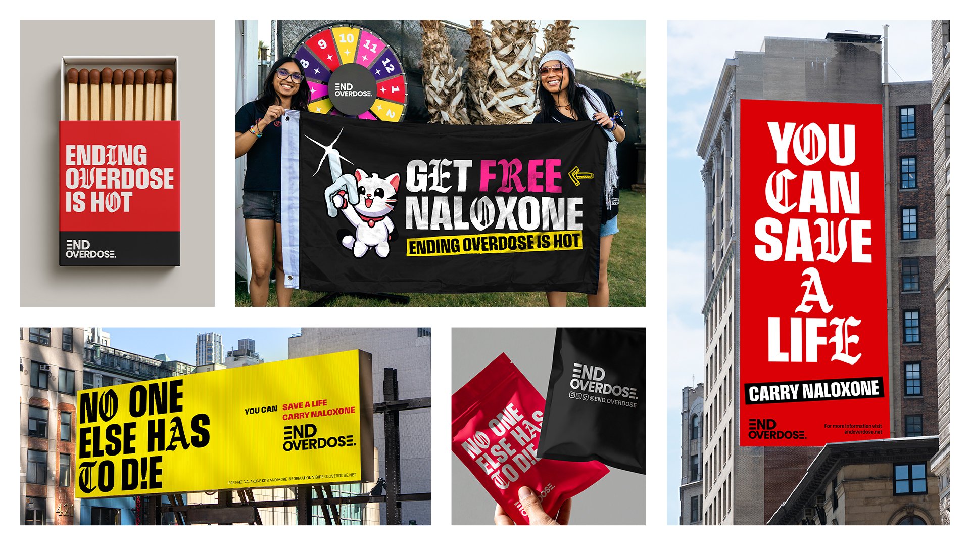 Various posters and banners promoting ending opioid overdose, including messages 'Ending overdose is hot,' 'You can save a life,' and 'Get free Naloxone,' with some featuring colorful graphics and cityscape backgrounds.