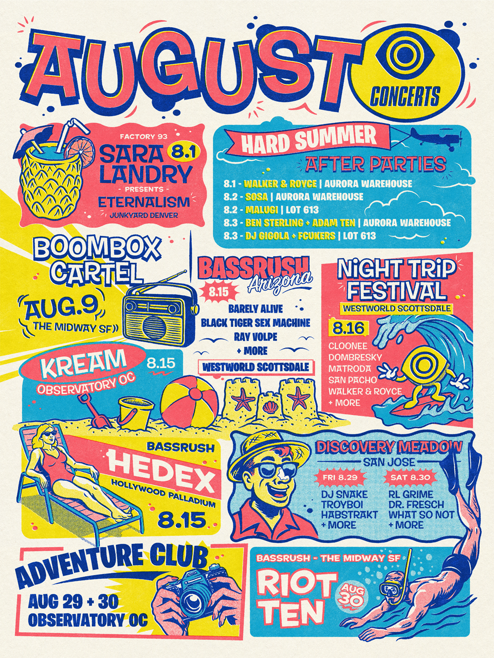 A colorful summer concert poster listing various music events in August, featuring bands, festival dates, and activities like beach and swimming.