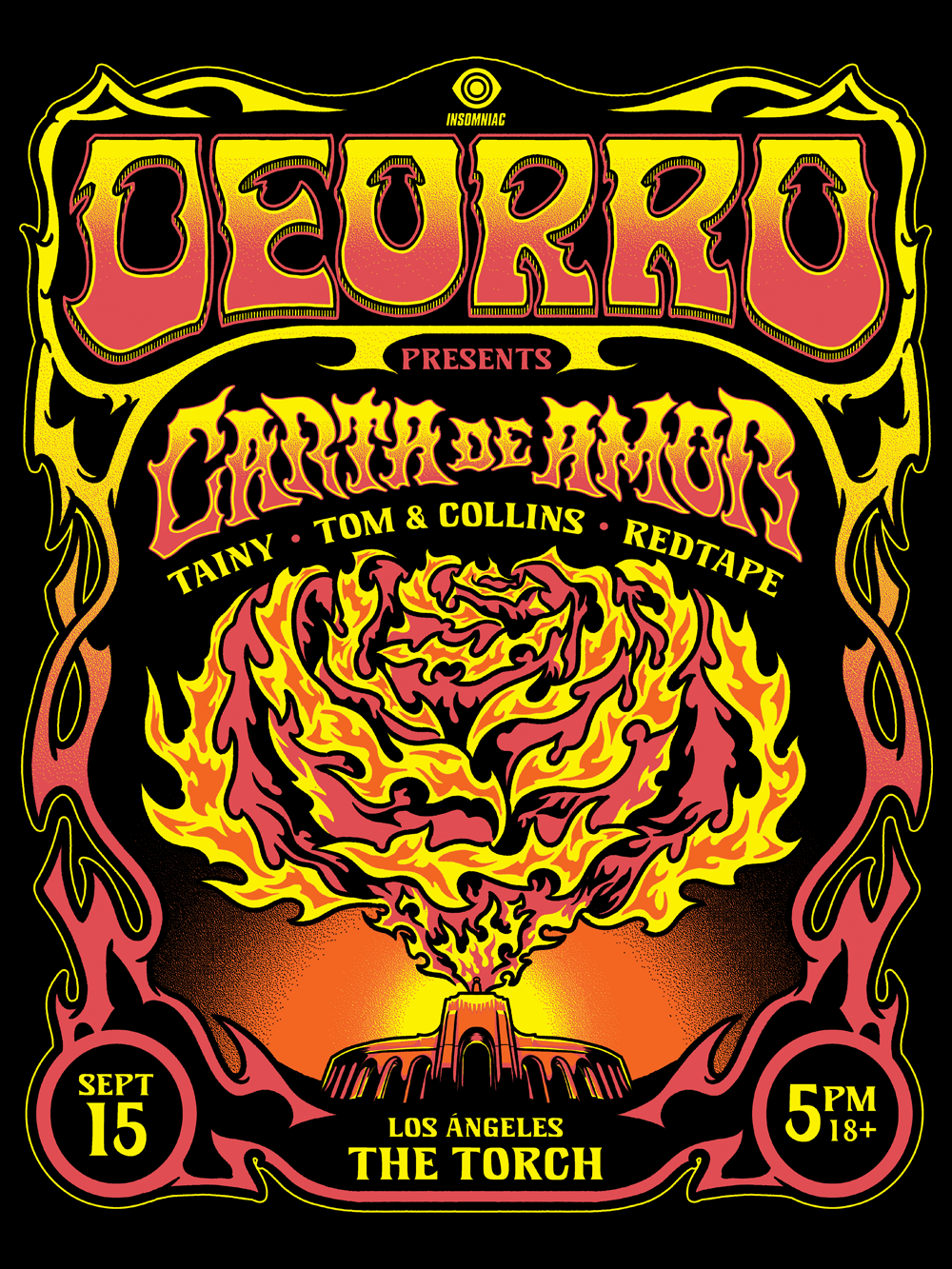 Concert poster for Deurdo Presents Charred Demons at The Torch in Los Angeles on September 15 at 5 PM, featuring Tainy, Tom & Collins, and Red Tape, with a fiery illustration.