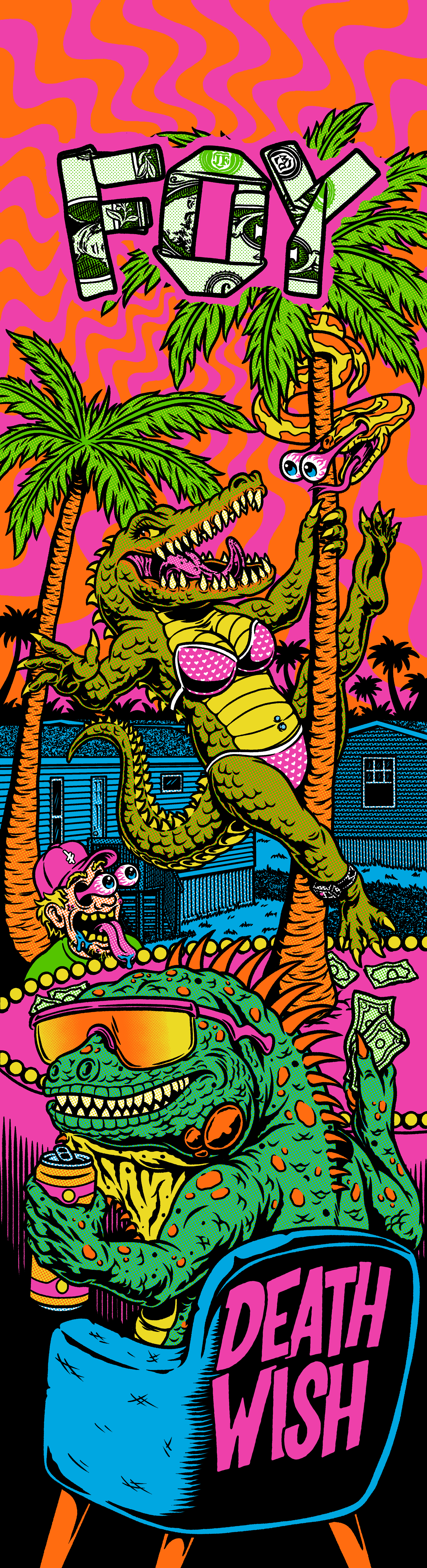 Cartoon illustration with a pink and orange wavy background, featuring a large alligator wearing sunglasses and a bikini, holding a joint. Surrounding it are palm trees, a crocodile with sunglasses and a drink, a girl with long hair and big eyes, and the word 'FOO!' in dollar bill letters at the top, along with a blue sign reading 'DEATH WISH'.