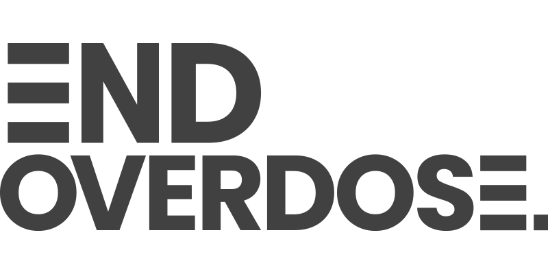 Black background with large gray text reading 'END OVERDOSE'.