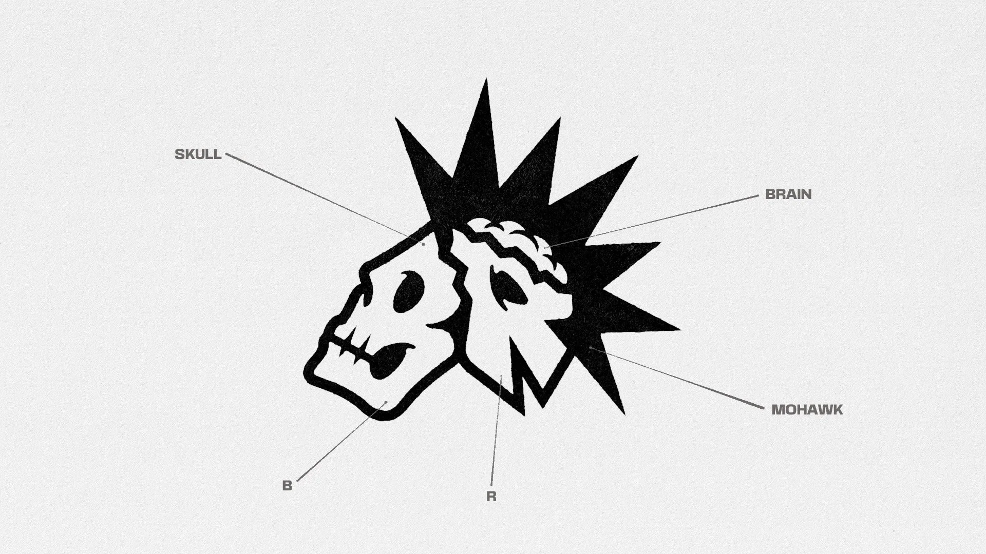 A graphic illustration of a skull with a burst of sharp lines behind it, labeled with parts including skull, brain, mohawk, and others.