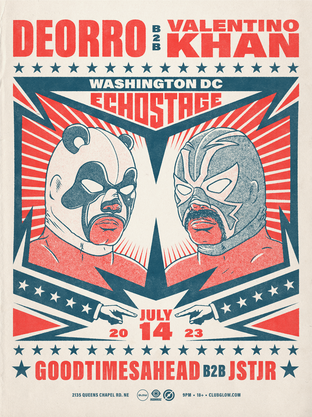 Event poster for a wrestling match featuring Deorro and Valentino Khan, held on July 14, 2023, in Washington DC at Echo Stage. The poster features stylized portraits of masked wrestlers and includes event details and location.