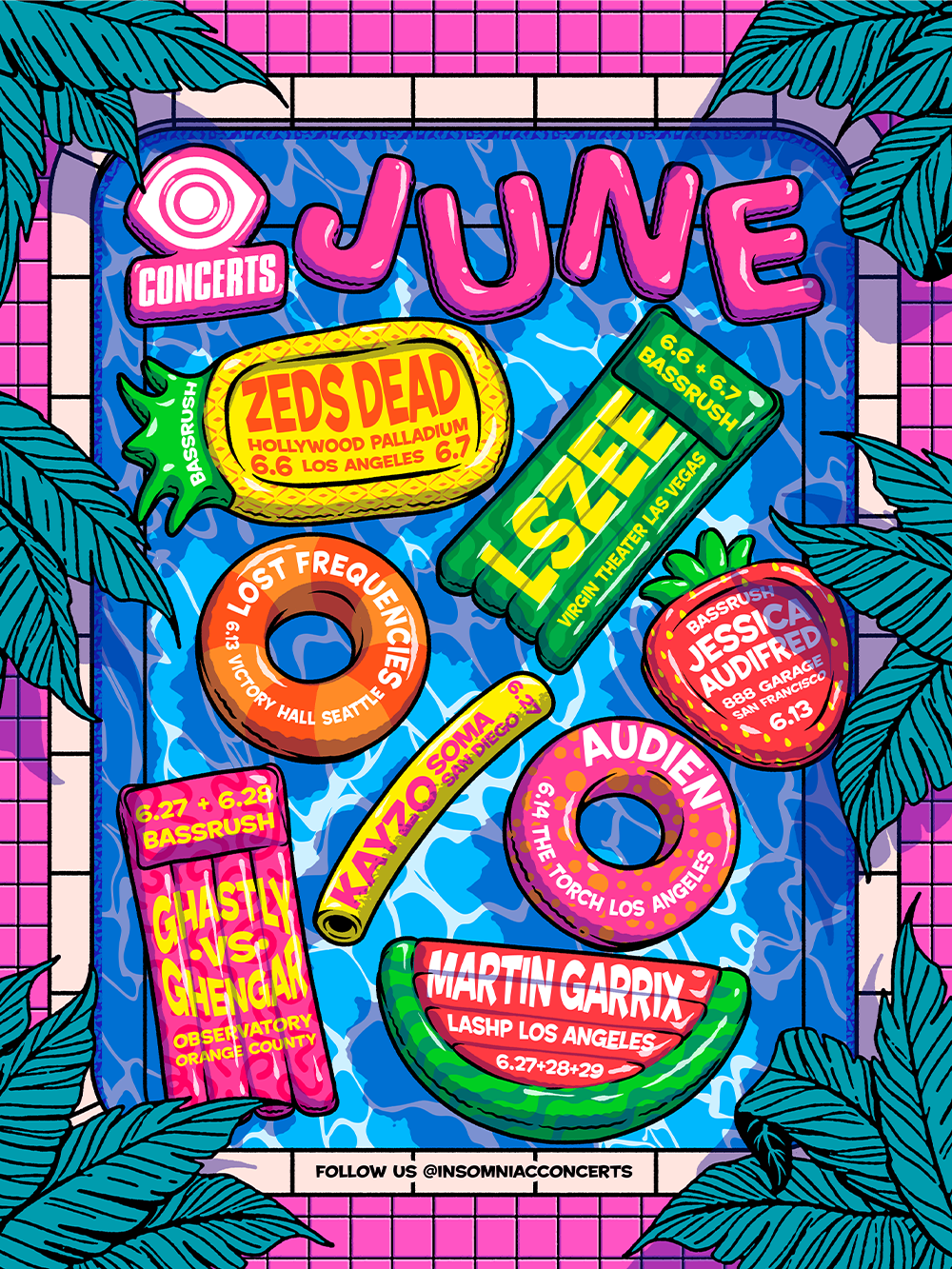 Colorful promotional poster for June concerts featuring bands ZEDS DEAD, THE ISLEYS, AUDIEN, and MARTIN GARRIX, with event details and dates, surrounded by tropical leaves.