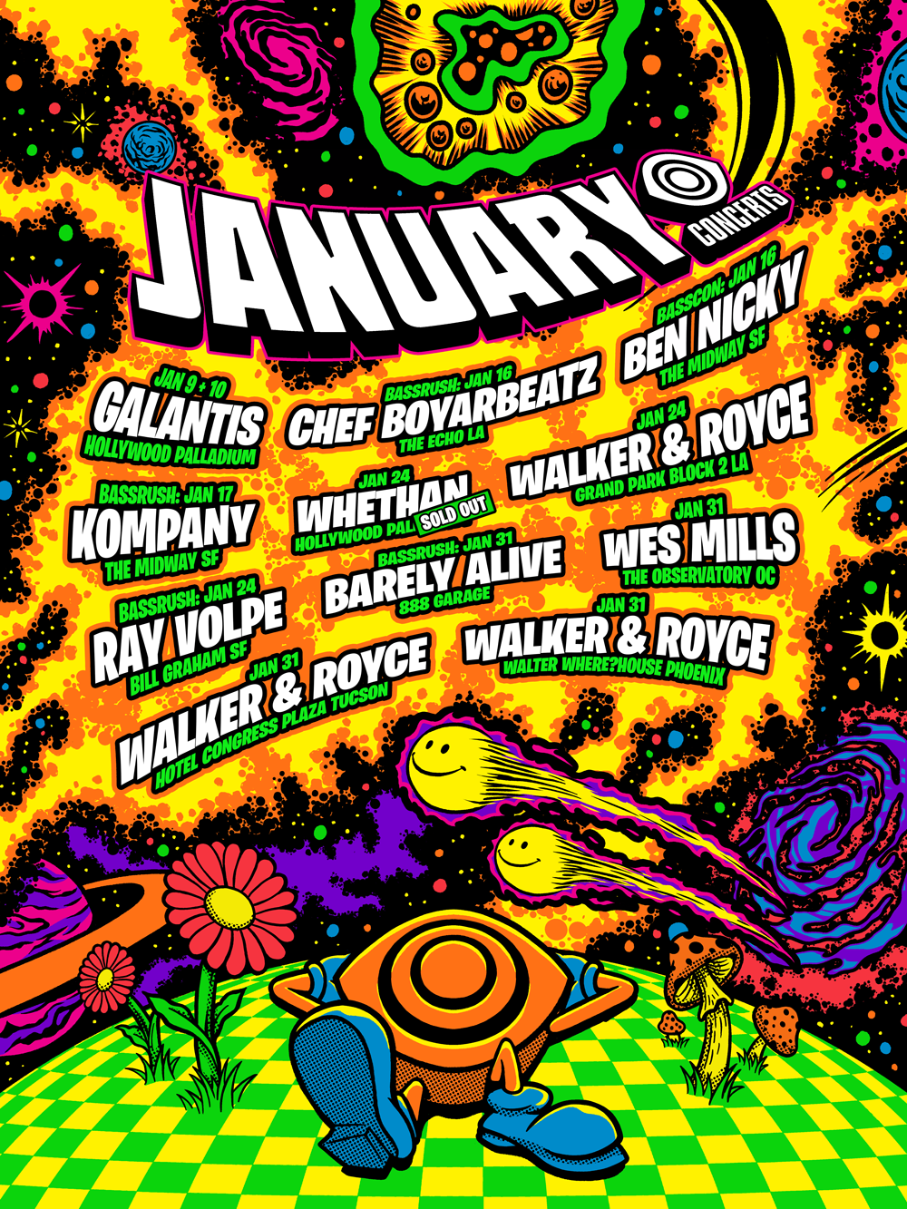 Colorful poster for a January music concert series featuring multiple bands and dates, with psychedelic outer space artwork and a cartoon character sitting on a checkered planet.