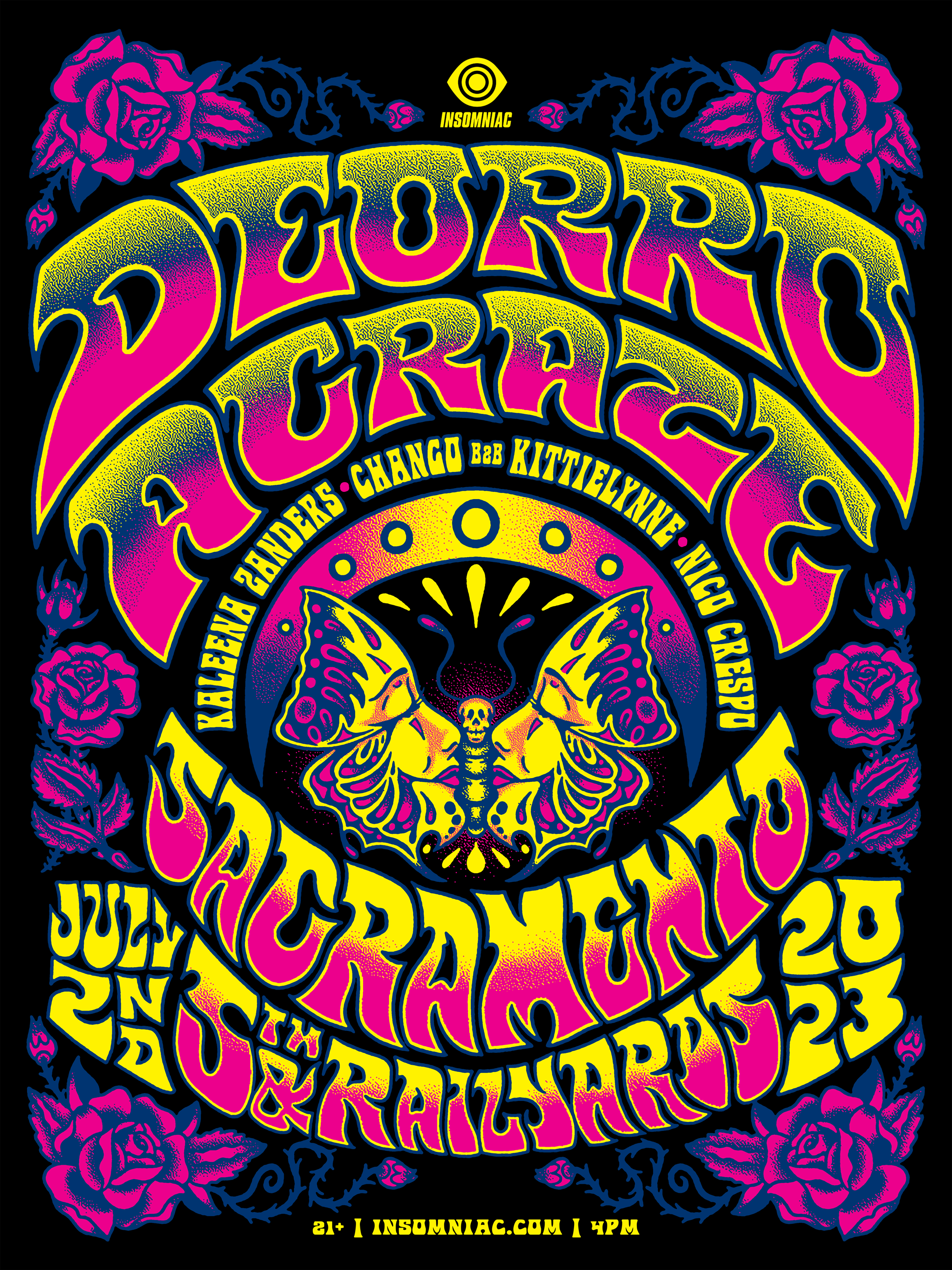 Colorful psychedelic poster with the words 'DOLORC', 'CREATIVE' and event details, featuring a butterfly at the center, roses and ornate decorative elements in pink, yellow, purple, and blue on a black background.
