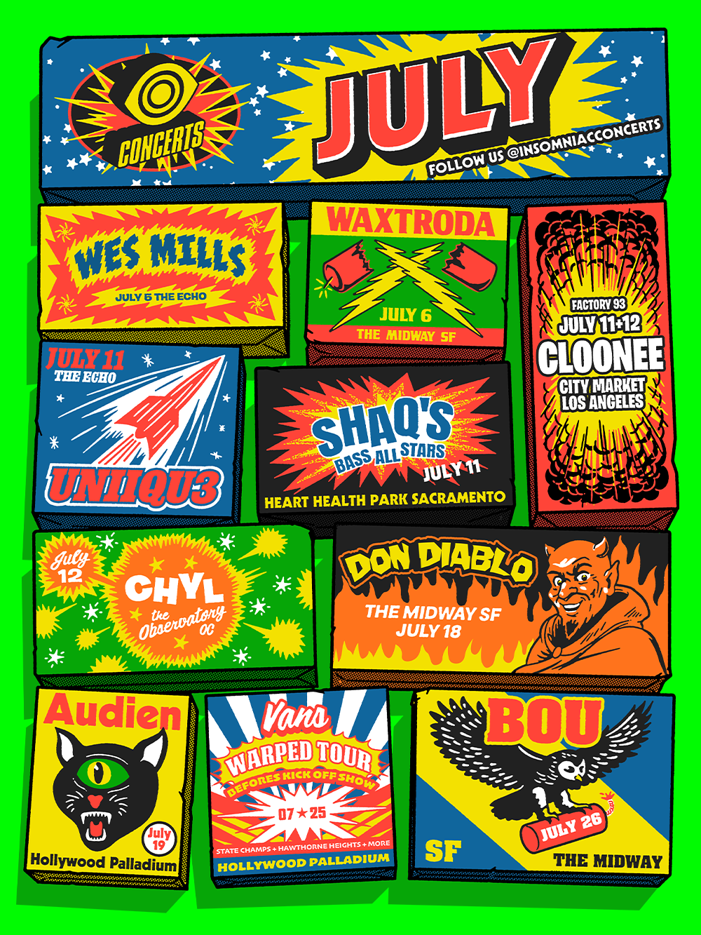 Colorful graphic posters advertising summer concert events in July with band names, dates, and locations.