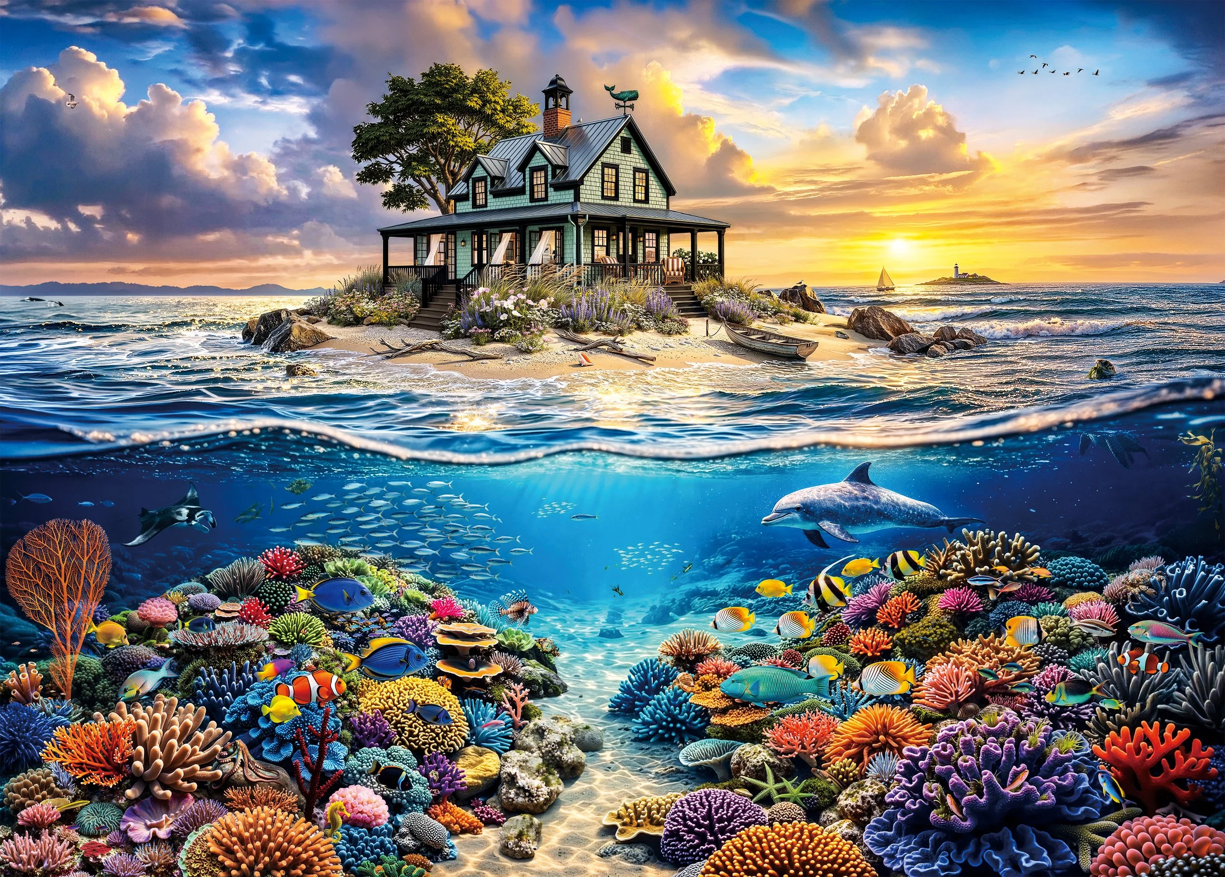 A digitally created underwater scene with a vibrant coral reef and tropical fish underwater, with a house on a small island above the water, a lighthouse, and a sailboat at sunset in the background.