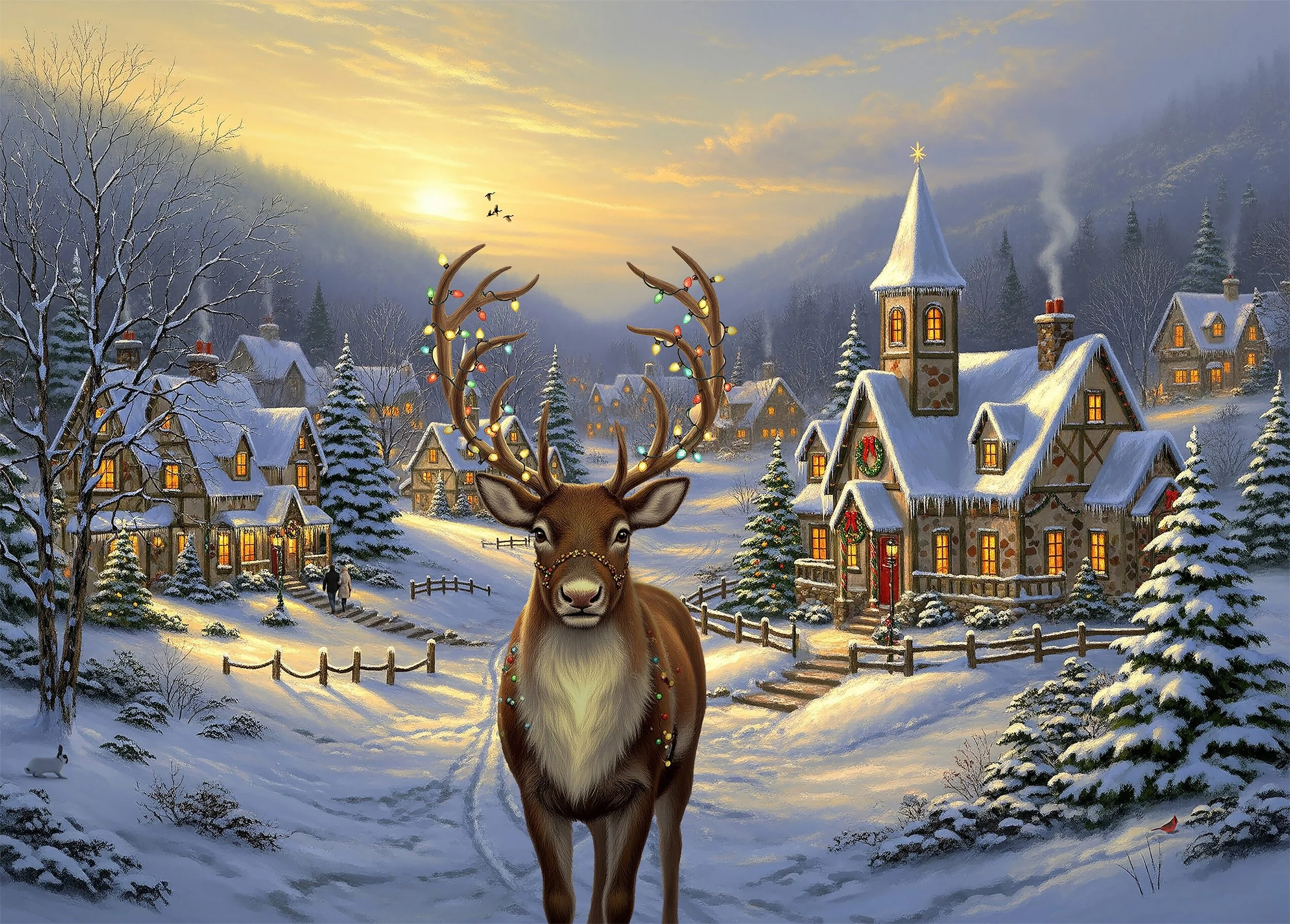 A snowy village scene at sunset with cozy houses, a church steeple, snow-covered trees, and a reindeer in the foreground decorated with colorful Christmas lights.