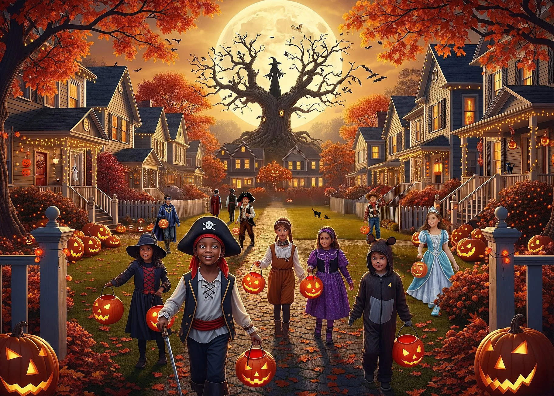 Children dressed in Halloween costumes trick-or-treating on a Halloween night with carved pumpkins and autumn leaves along the street. In the background, a large spooky tree with a witch figure in front of a bright full moon.