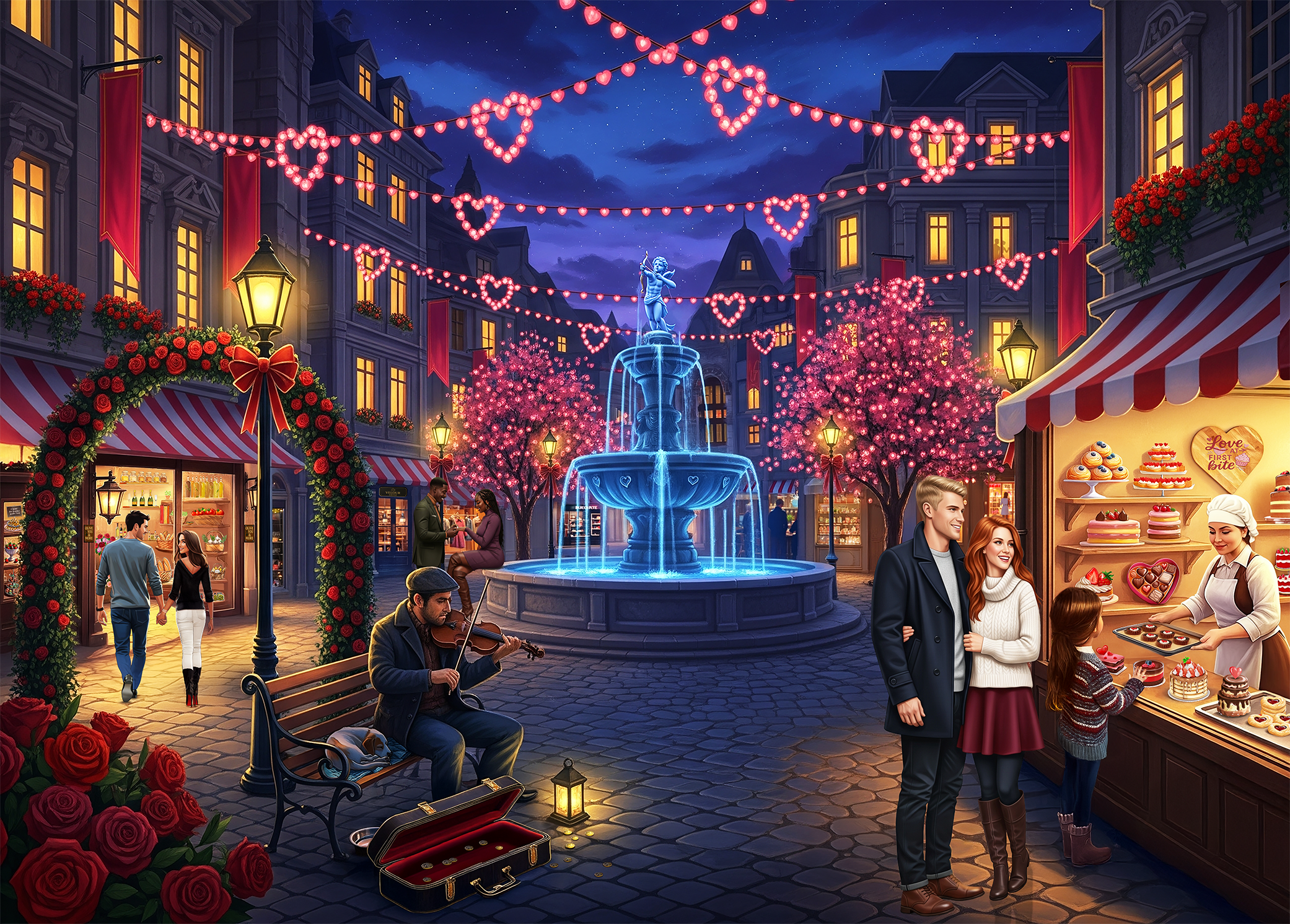 A lively outdoor city square decorated for Valentine's Day with red heart-shaped and circular string lights, red banners, and floral arrangements. There's a fountain in the center with a statue, surrounded by pink blossoming trees. Vendors sell baked goods and chocolates, and street musicians perform. People are chatting, shopping, and enjoying the evening ambiance.