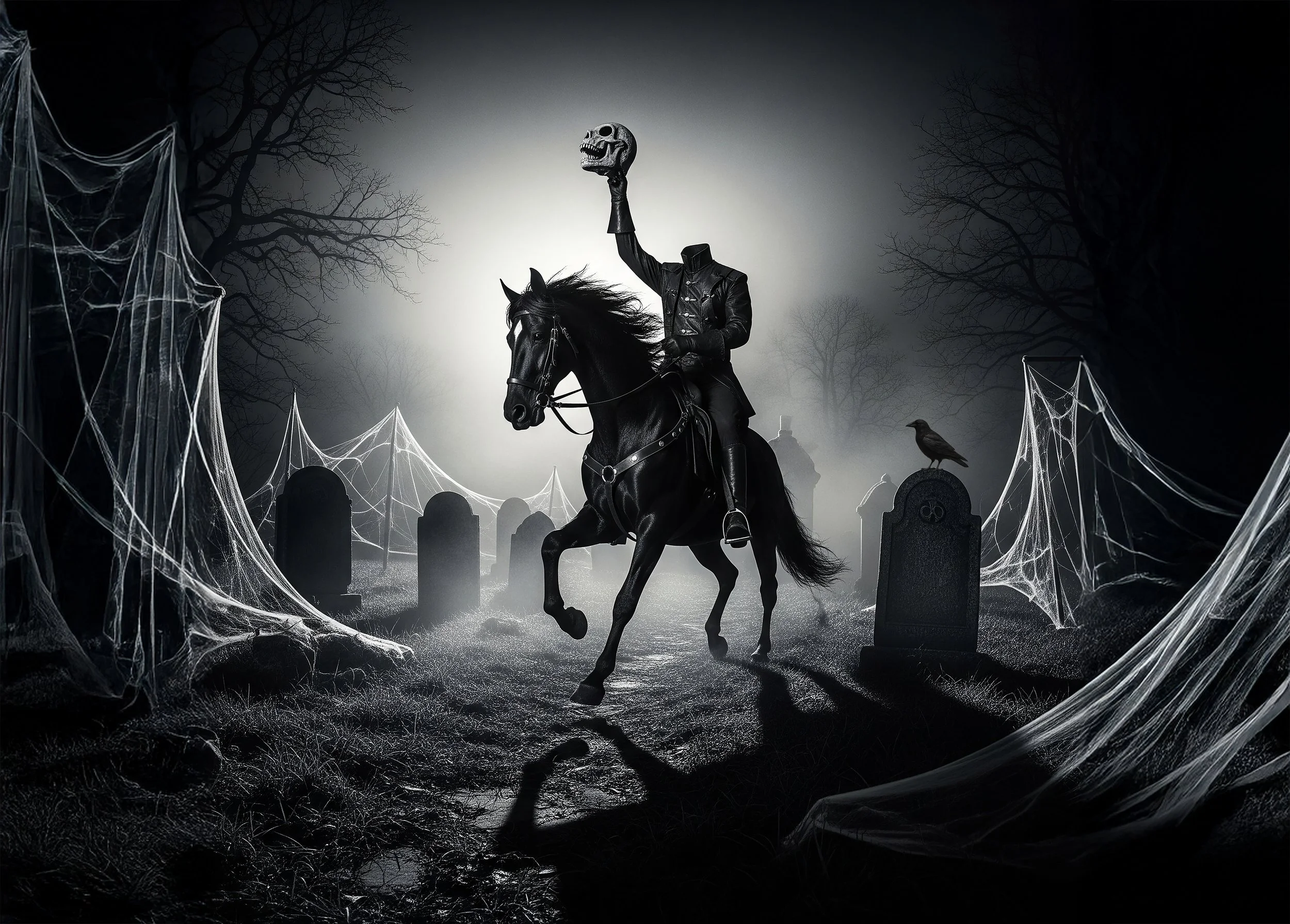 A person riding a horse in a spooky graveyard at night, holding a skull mask, with spider webs and leafless trees around.