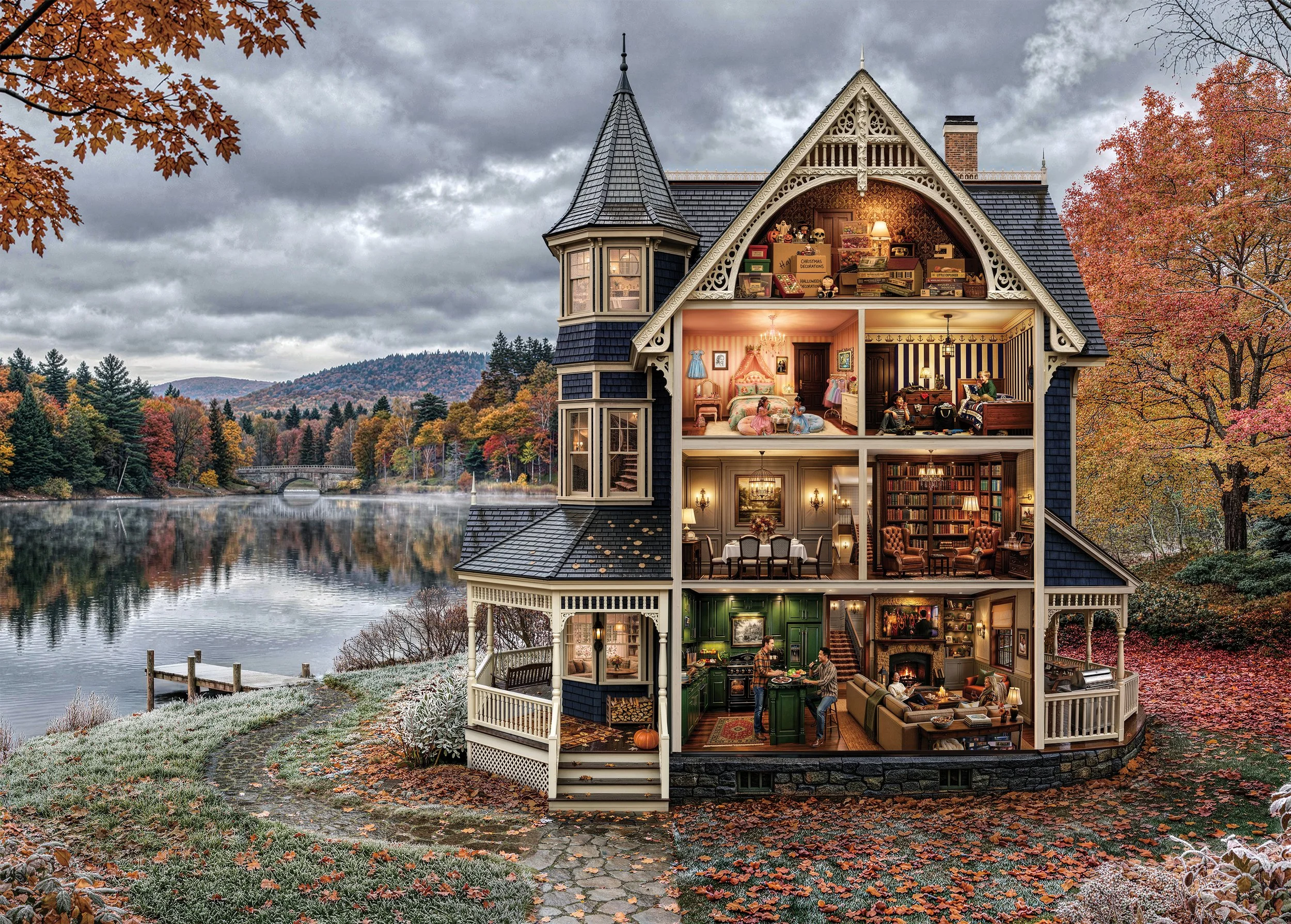 Cross-section illustration of a multi-story Victorian-style house with trees and a lake in the background, showing furniture, decorations, and rooms on each level.
