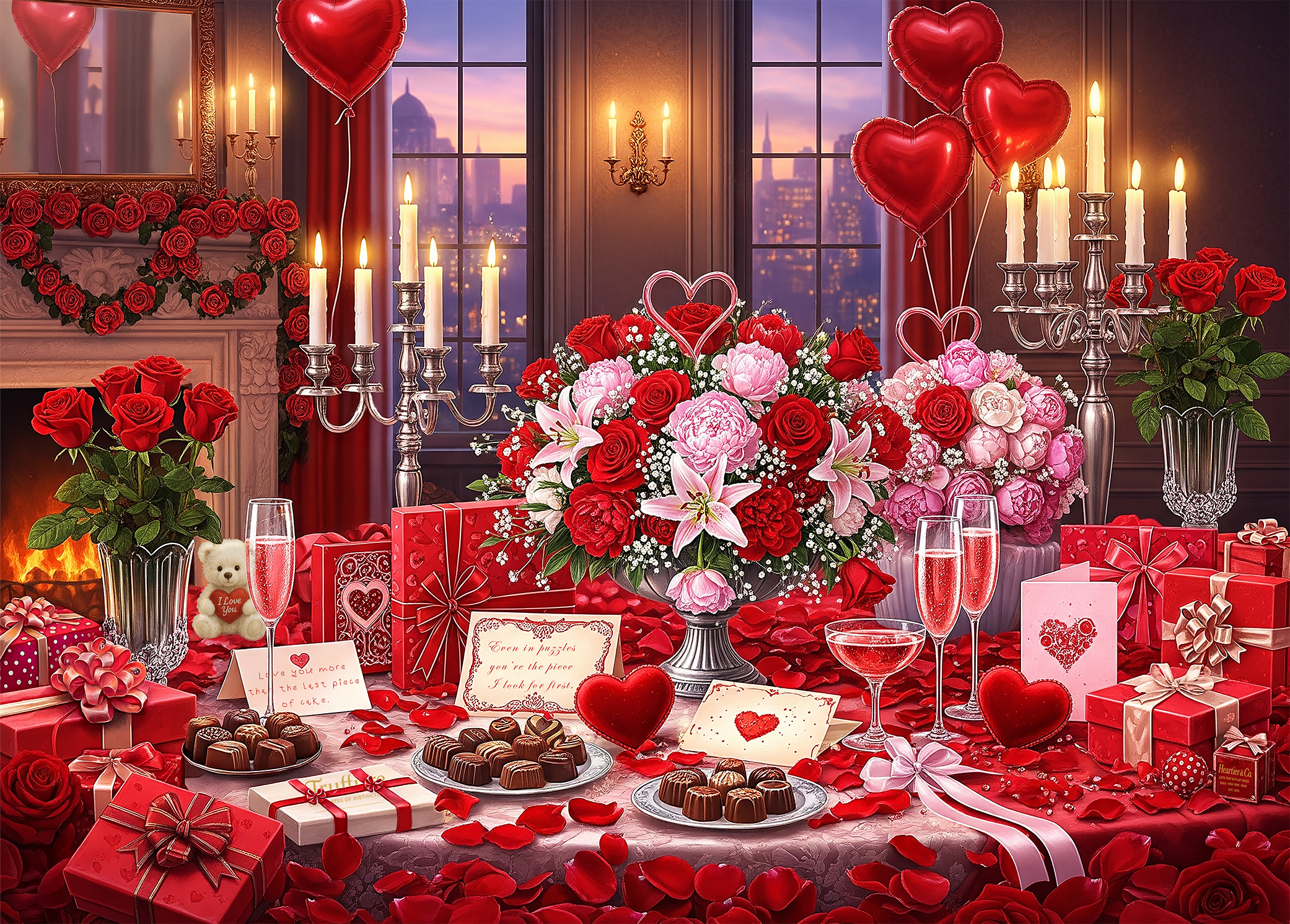 A romantic Valentine's Day celebration scene with red and pink flowers, heart-shaped balloons, candles, chocolates, and gift boxes on a decorated table, with city skyline visible through large windows in the background.