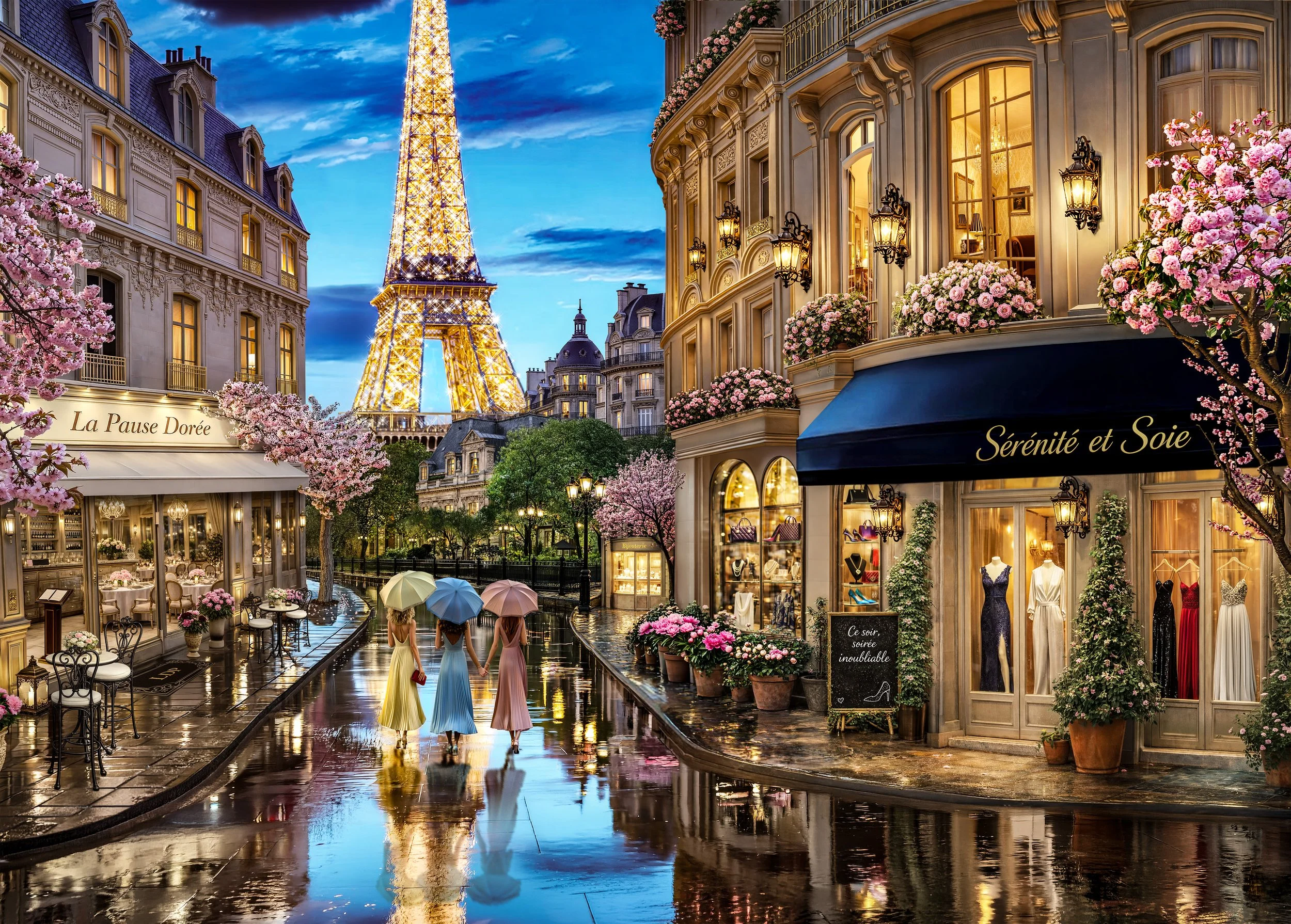 Three women in pastel-colored dresses walk along a rain-soaked street lined with boutique shops and blooming pink cherry blossom trees. The Eiffel Tower lit up at dusk is visible in the background.