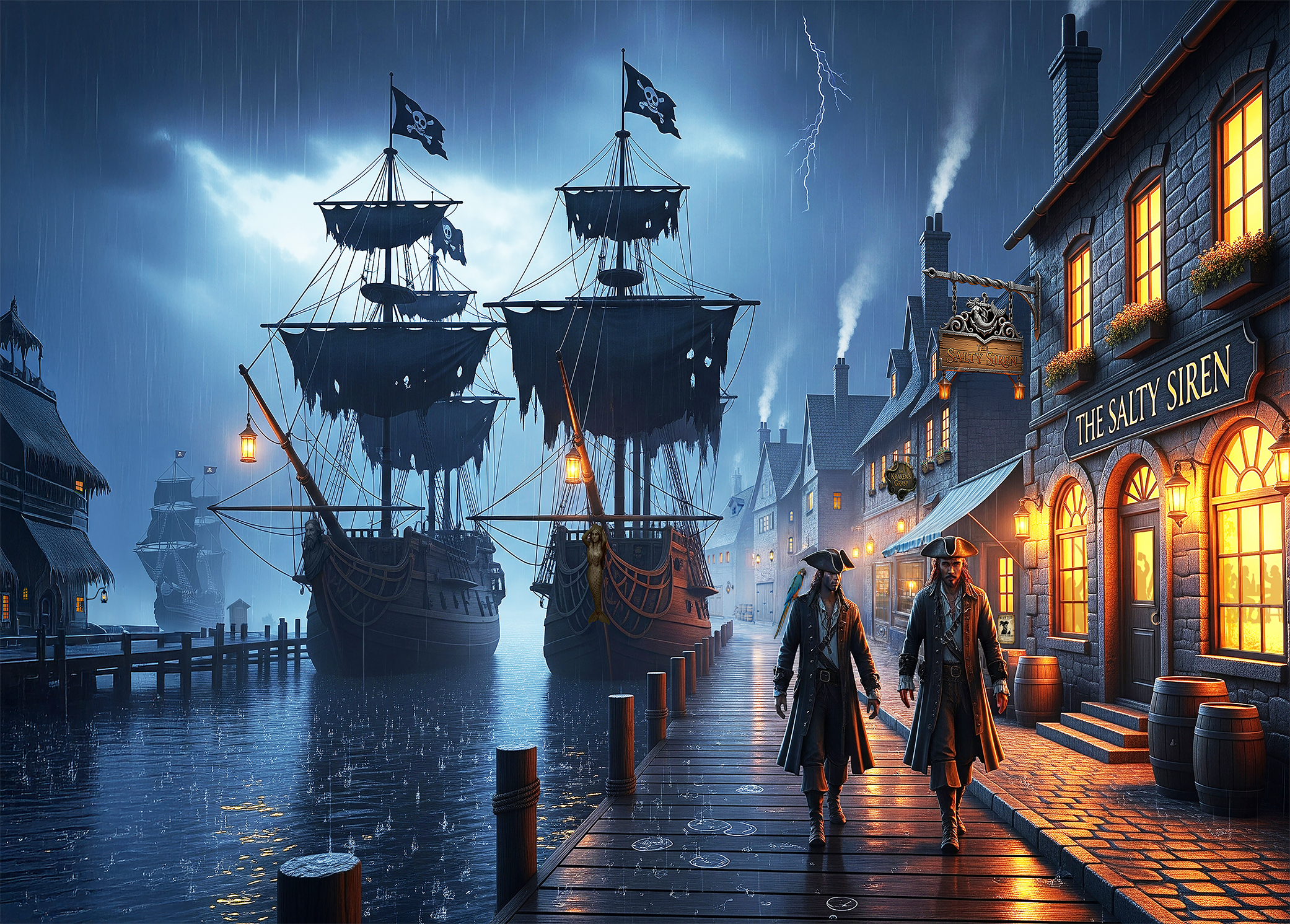 Pirate ships docked in a rainy harbor at night with dark stormy clouds, lightning, and illuminated buildings along the water.