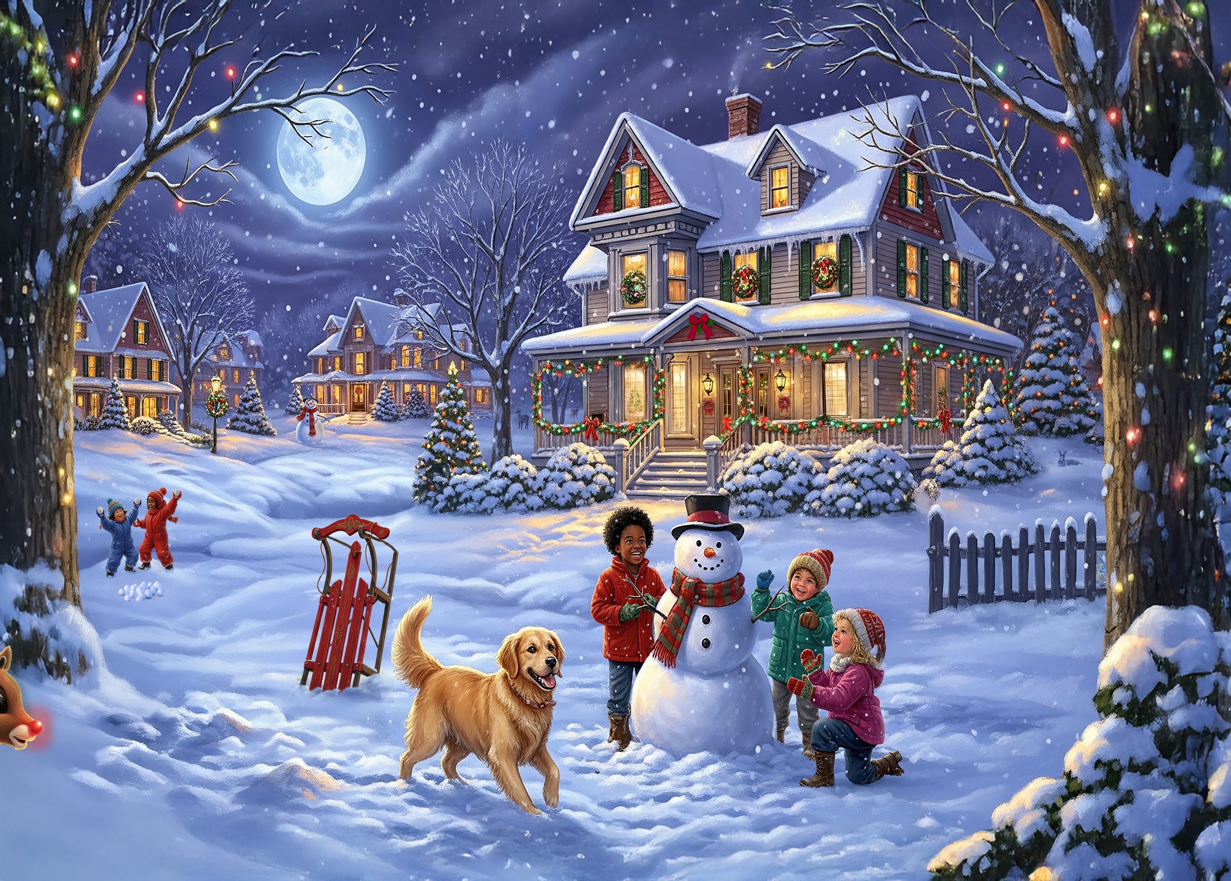 A snowy Christmas scene with children playing, a dog, a snowman, decorated houses, and a full moon in the night sky.
