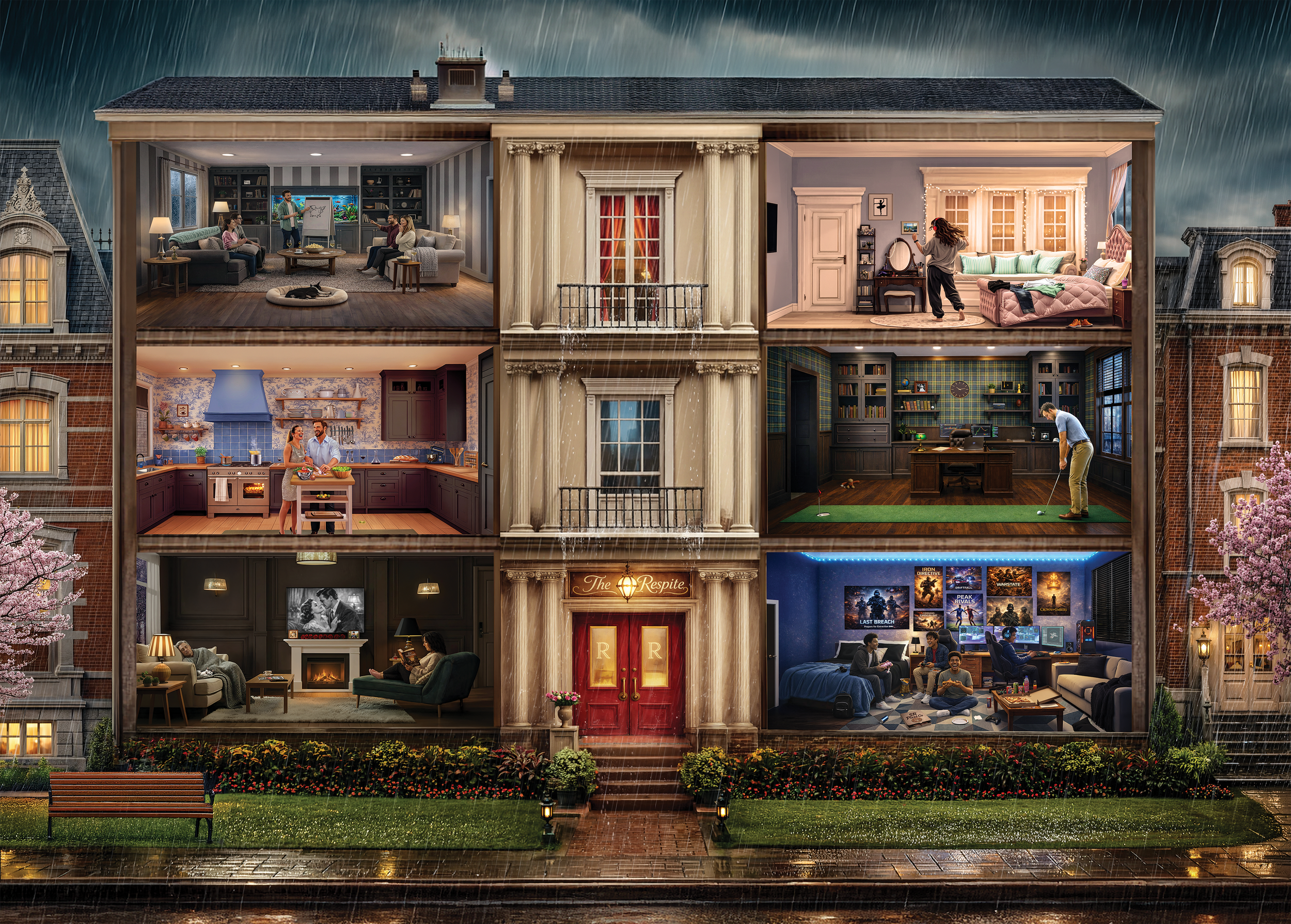 A cutaway view of a multistory house showing various rooms with people engaging in different activities, and weather elements like rain outside.