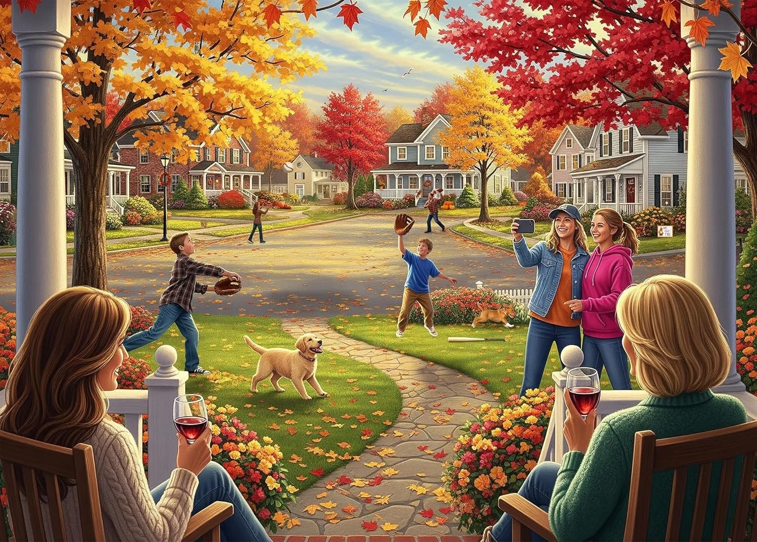 A neighborhood porch scene with two women sitting on benches drinking wine, taking a photo of children playing catch and running in the street, with autumn trees and houses in the background.