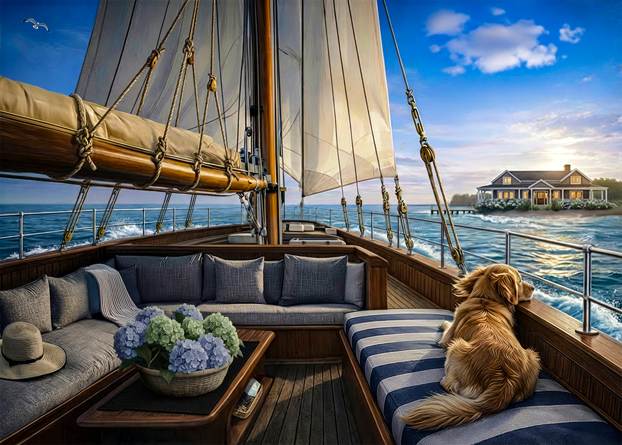 View of the deck of a sailing boat with a cushioned seating area, a floral arrangement, a straw hat, a straw hat, and a dog lying on the cushions. The boat is sailing through the ocean with a house visible on a small landmass in the distance, under a partly cloudy sky.