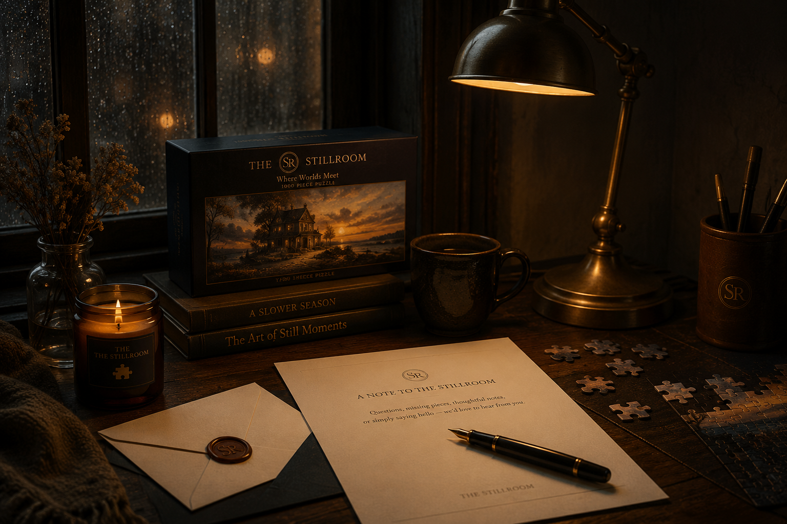 A cozy workspace with a wooden desk illuminated by a warm desk lamp. It features a partially completed puzzle, a candle, a cup of coffee, a pen, an envelope with a wax seal, a letter titled 'A Note to the Stillroom,' a stack of books, and decorative items including a vase with dried flowers and a pen holder. Rain can be seen on the window in the background.