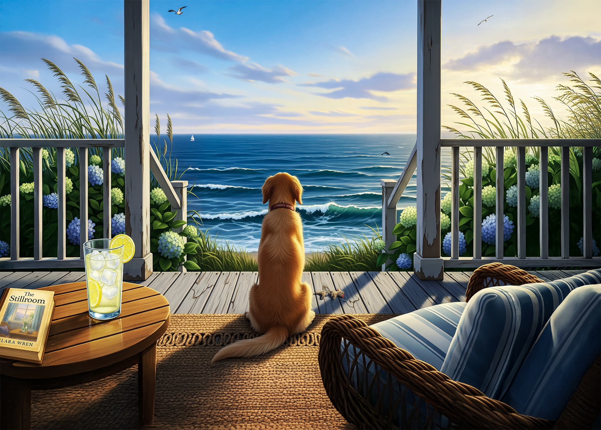 A dog sitting on a porch looking out at the ocean during sunset, with seagulls flying in the sky, a glass of lemonade on a table, and a book titled 'The Stillroom' nearby.