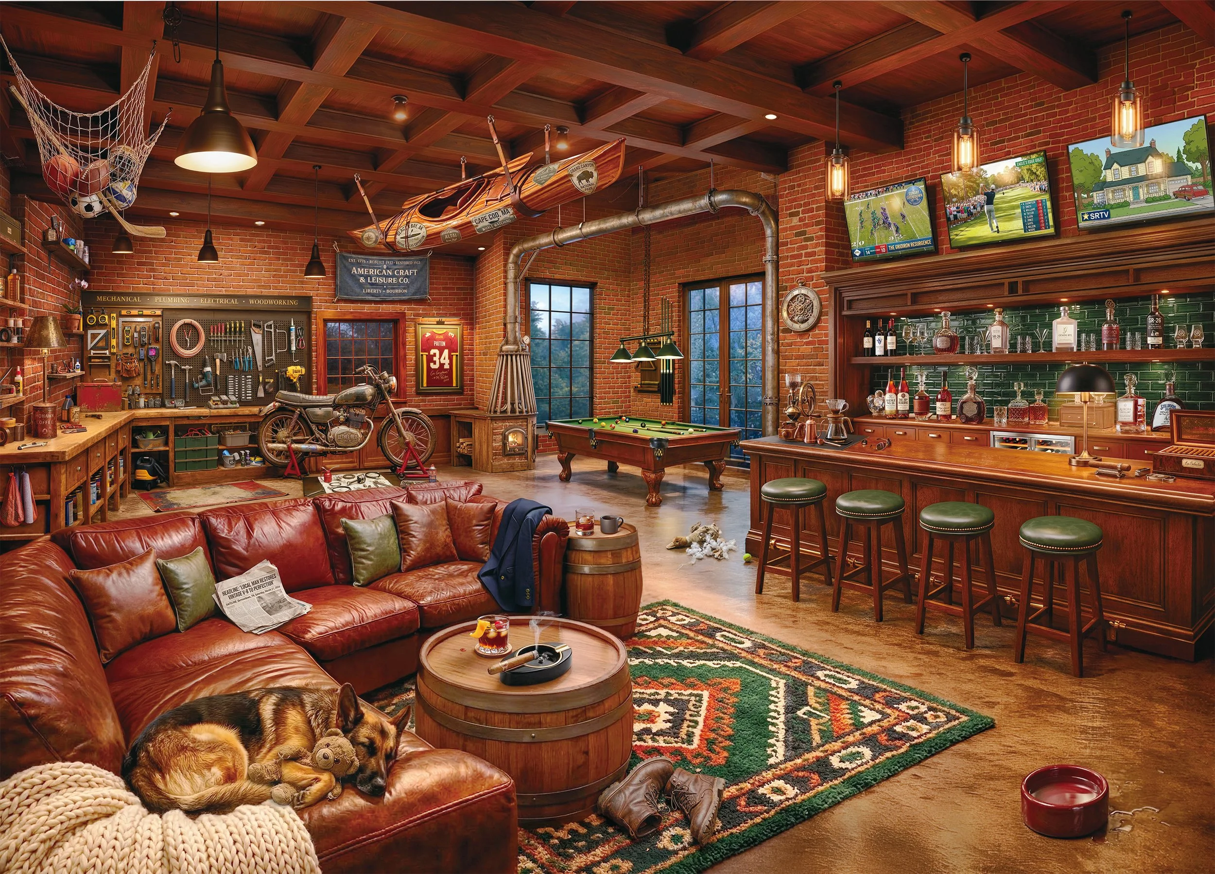 Cozy basement with brick walls and wood ceiling, featuring a leather sofa with dogs sleeping, a pool table, various TVs, a bar area with liquor bottles, vintage gear, sports memorabilia, and decorative items.