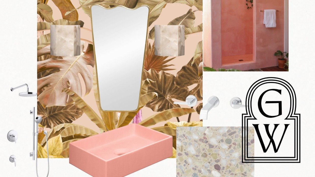 We've got an energetic pool bath concept filled with @sarzastore wallpaper and @concretecollaborative terrazzo in case you need to go ahead and renovate before summer actually hits 💯

yes we have a theme going. summer is our season. thank God we liv