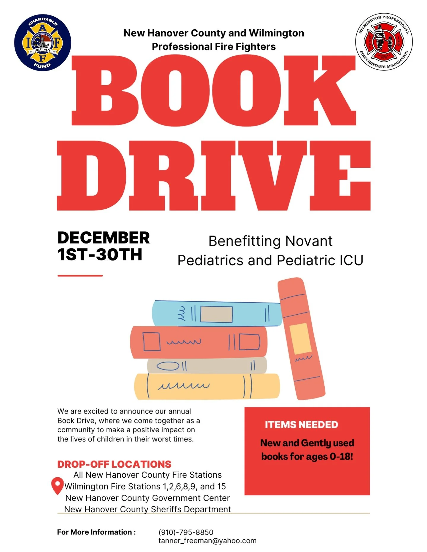 📚 BOOK DRIVE &mdash; DEC 1st&ndash;30th! 🚒❤️

New Hanover County Fire Fighters and Wilmington Professional Fire Fighters are teaming up again to collect new and gently used books for kids ages 0&ndash;18!

All donations will be delivered to Novant 