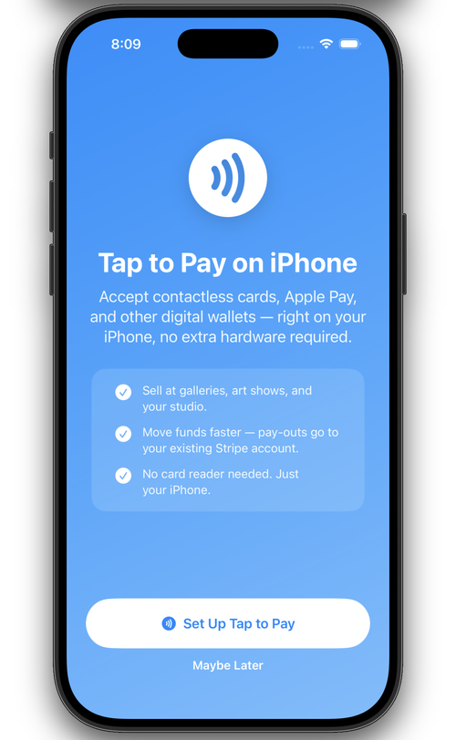 ArtManager Tap to Pay on iPhone setup screen