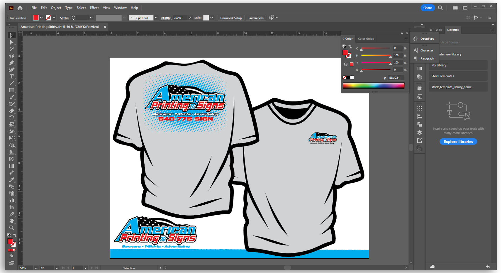 Design mockup of custom promotional T-shirts for American Printing & Signs, showing front and back views with logo and text.