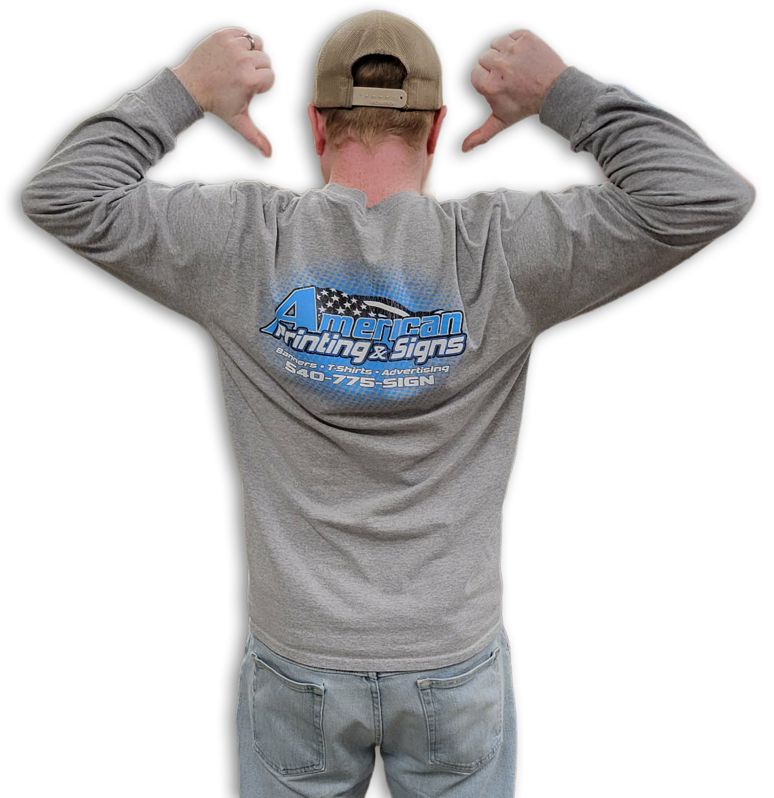 Man wearing a gray long-sleeve shirt and a beige cap, with his back to the camera, showing a logo on the shirt that reads "American Printing & Signs" with contact details.