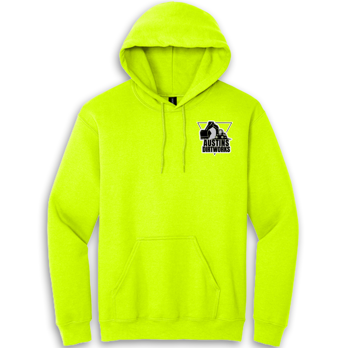 Safety Green hoodie branded with a logo on the left chest that features a construction excavator and the text "AUSTINS DIRTWORKS" underneath.