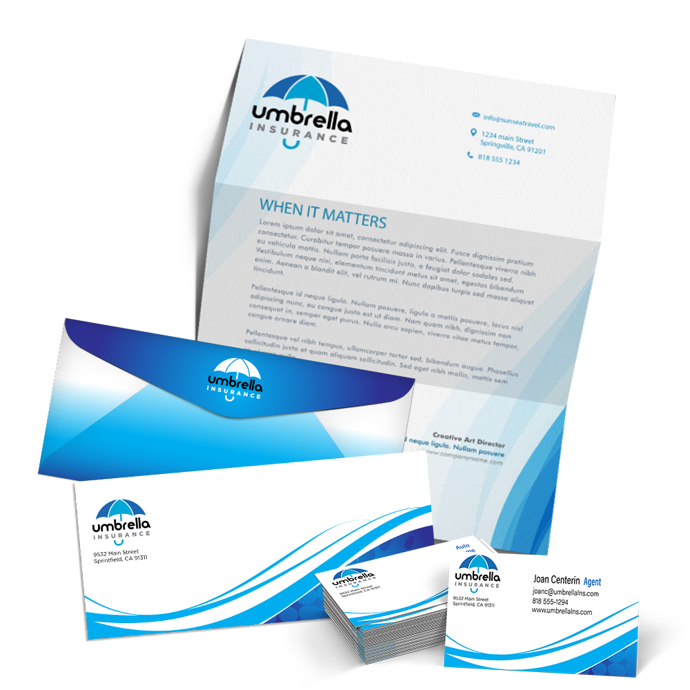 A set of branded marketing materials for Umbrella Insurance, including a letterhead, business card, envelope, and brochure, all featuring a blue and white color scheme with umbrella and wave graphic designs.