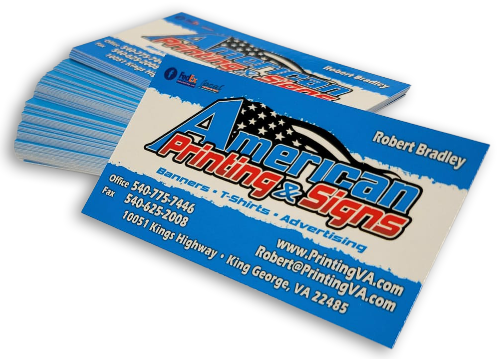 Business cards for American Printing & Signs showing contact information and services offered like banners, T-shirts, and advertising, with a patriotic American flag theme.