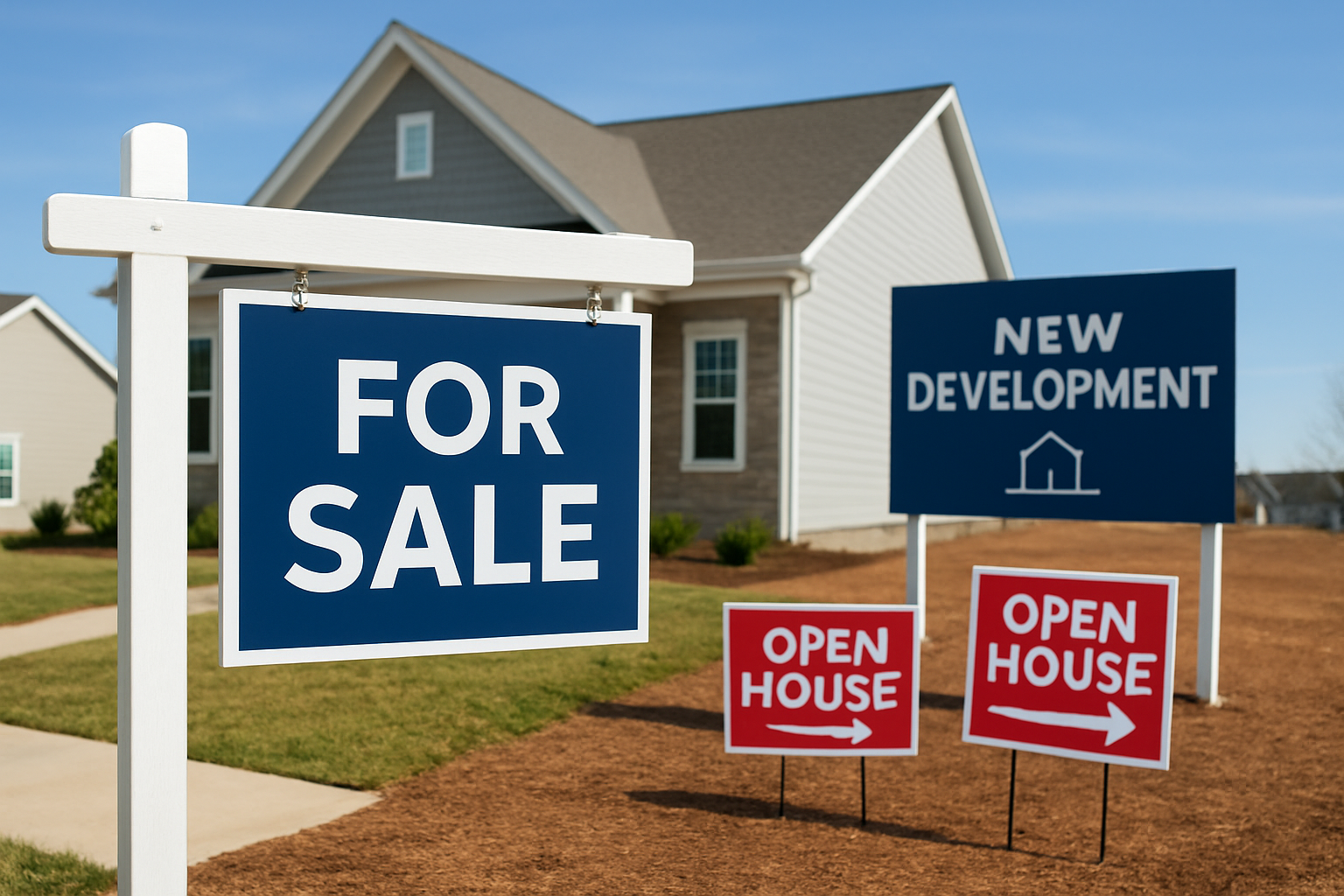 Real Estate signs in front of a house. The signs include an aluminum for sale panel sign hanging on a single arm pvc swinging post, directional yard signs with arrows saying open house and a large site sign on 4x4 post depicting a new development.