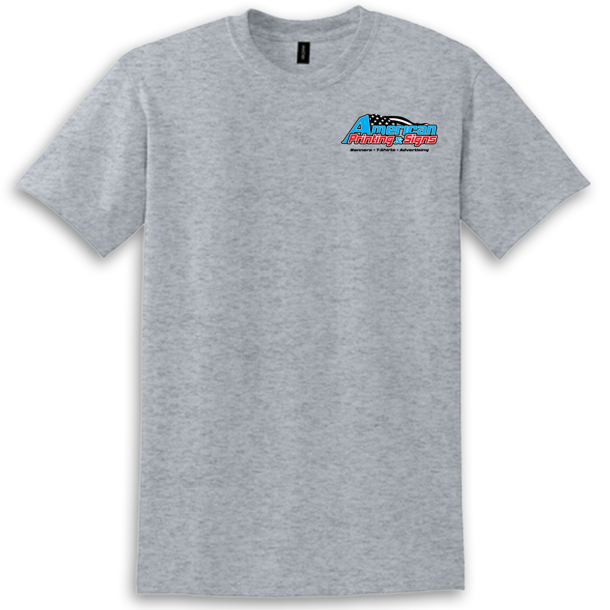Front of Gray T-shirt with custom branded logo for American Printing & Signs, featuring red, blue, black, and white colors.