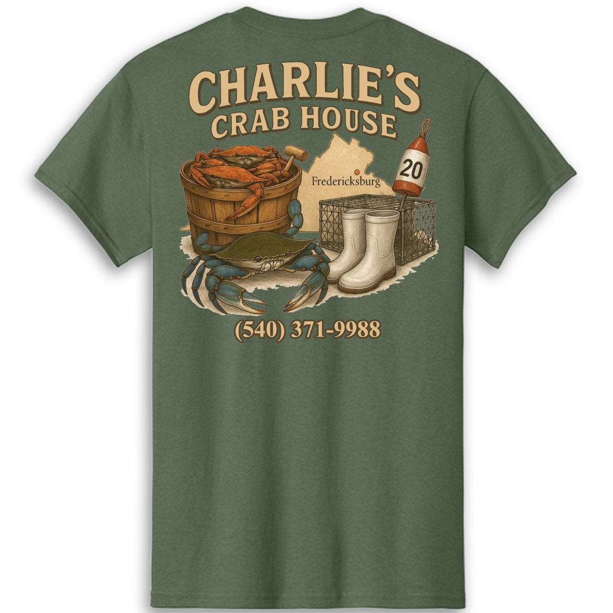 Green T-shirt made with DTF Print featuring seafood and fishing imagery, including a crab, a basket of crabs, rubber boots, a buoy with the number 20, and a map of Fredericksburg, Virginia, with contact information for Charlie's Crab House.