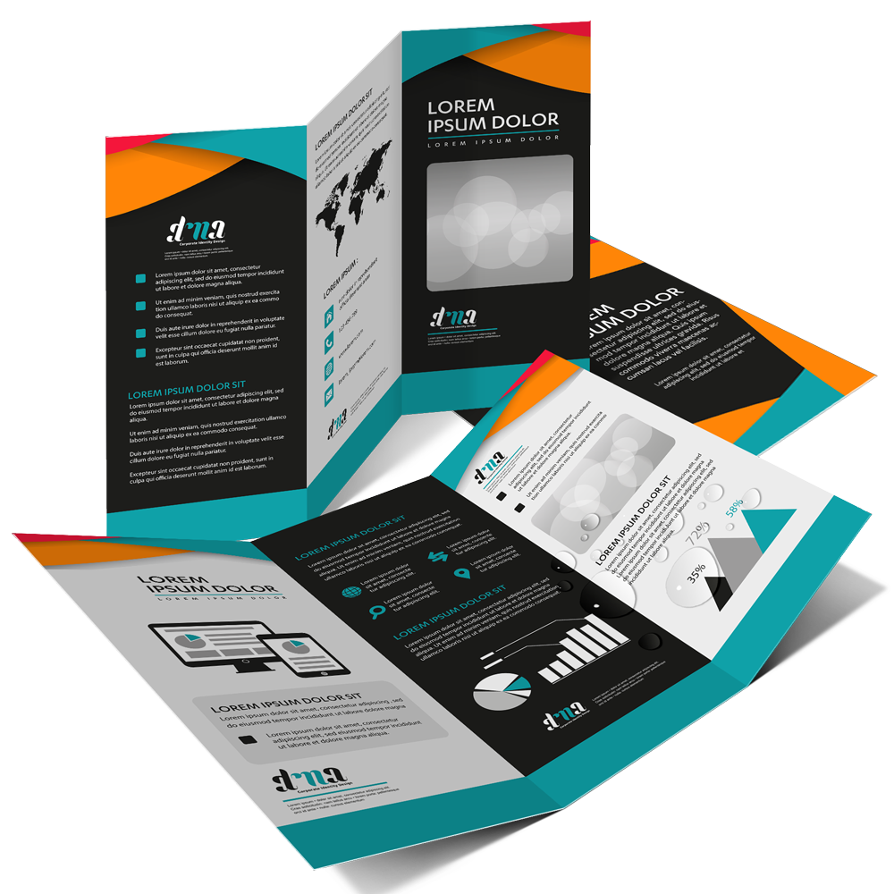Tri-fold brochure with black, teal, orange, and gray geometric design elements, containing placeholder text, charts, and graphics.